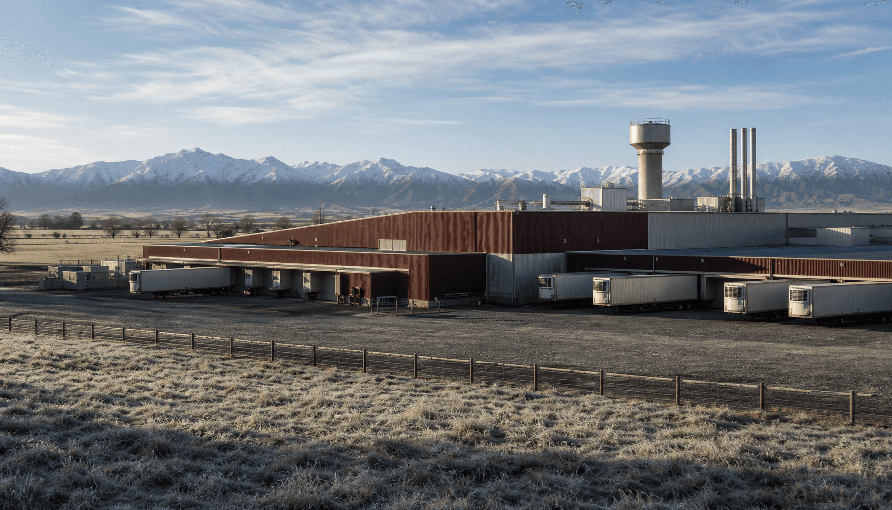 Canterbury Plains red meat processing plant with Southern Alps backdrop at dawn
