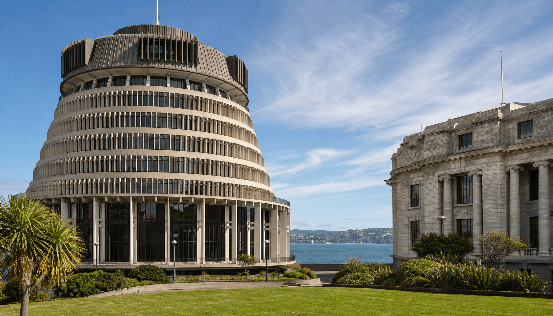The Beehive and Treasury building in Wellington with the inner harbour in the background on a clear day