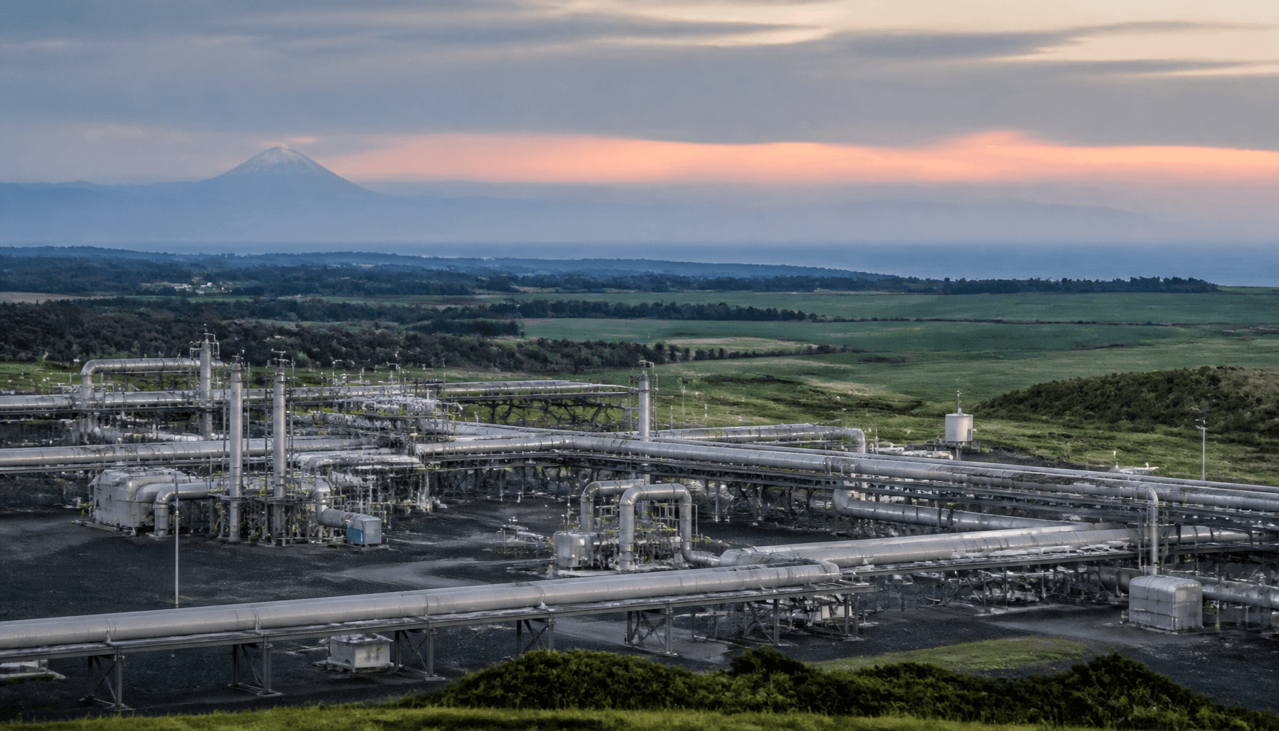 Taranaki coastal industrial gas infrastructure at dusk