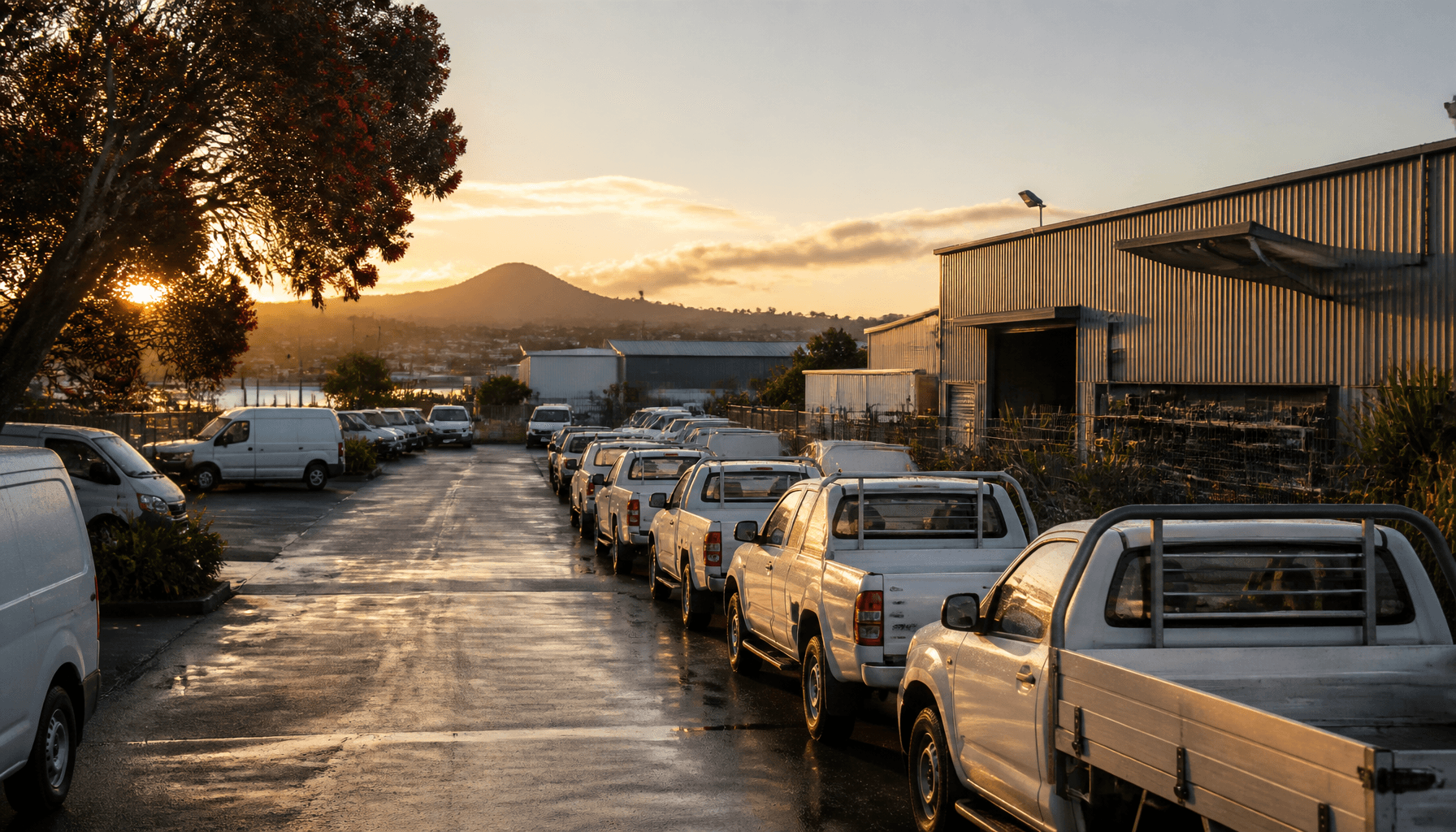 Rows of unmarked work utes parked at a New Zealand commercial yard at dawn