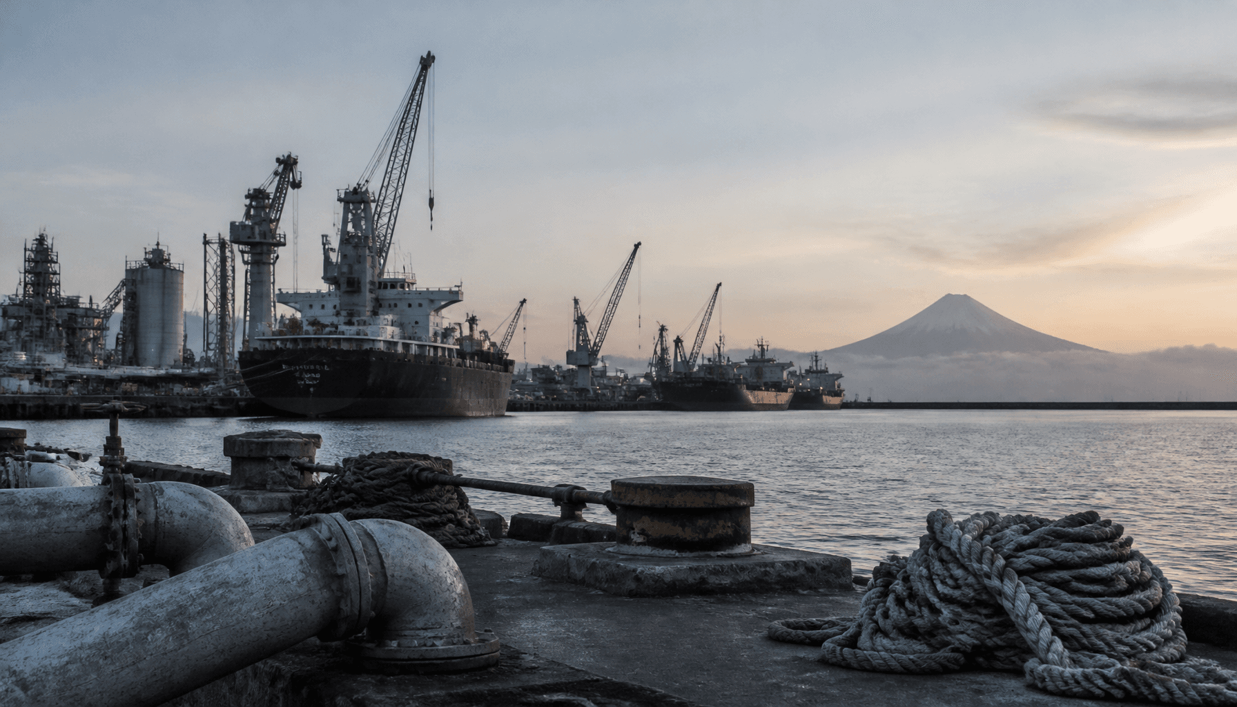 Port Taranaki wharf and industrial infrastructure at dawn with Mount Taranaki in the distance