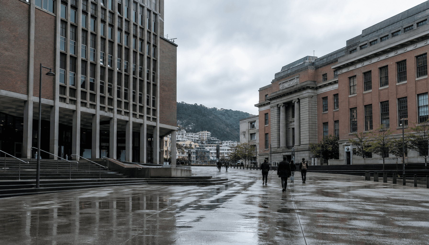 Wellington City Council civic precinct plaza and administration building under overcast morning light