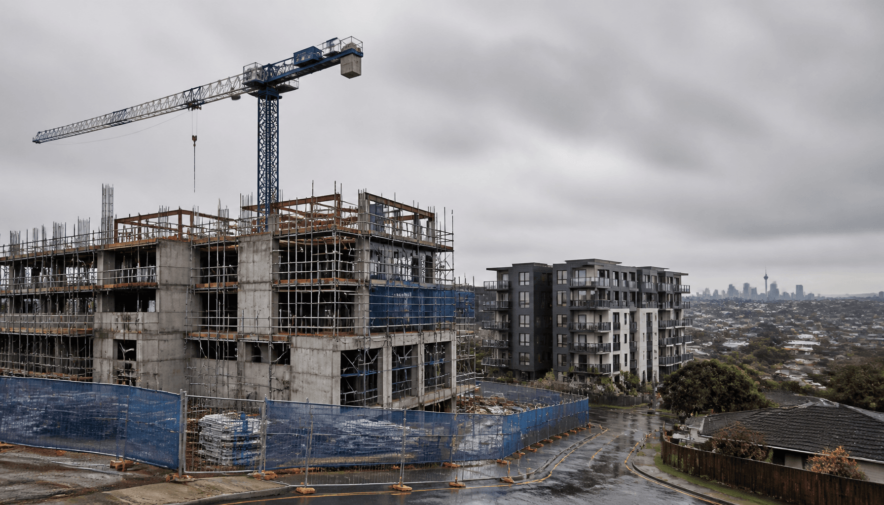 Build-to-rent apartment complex under construction in suburban Auckland with crane and scaffolding