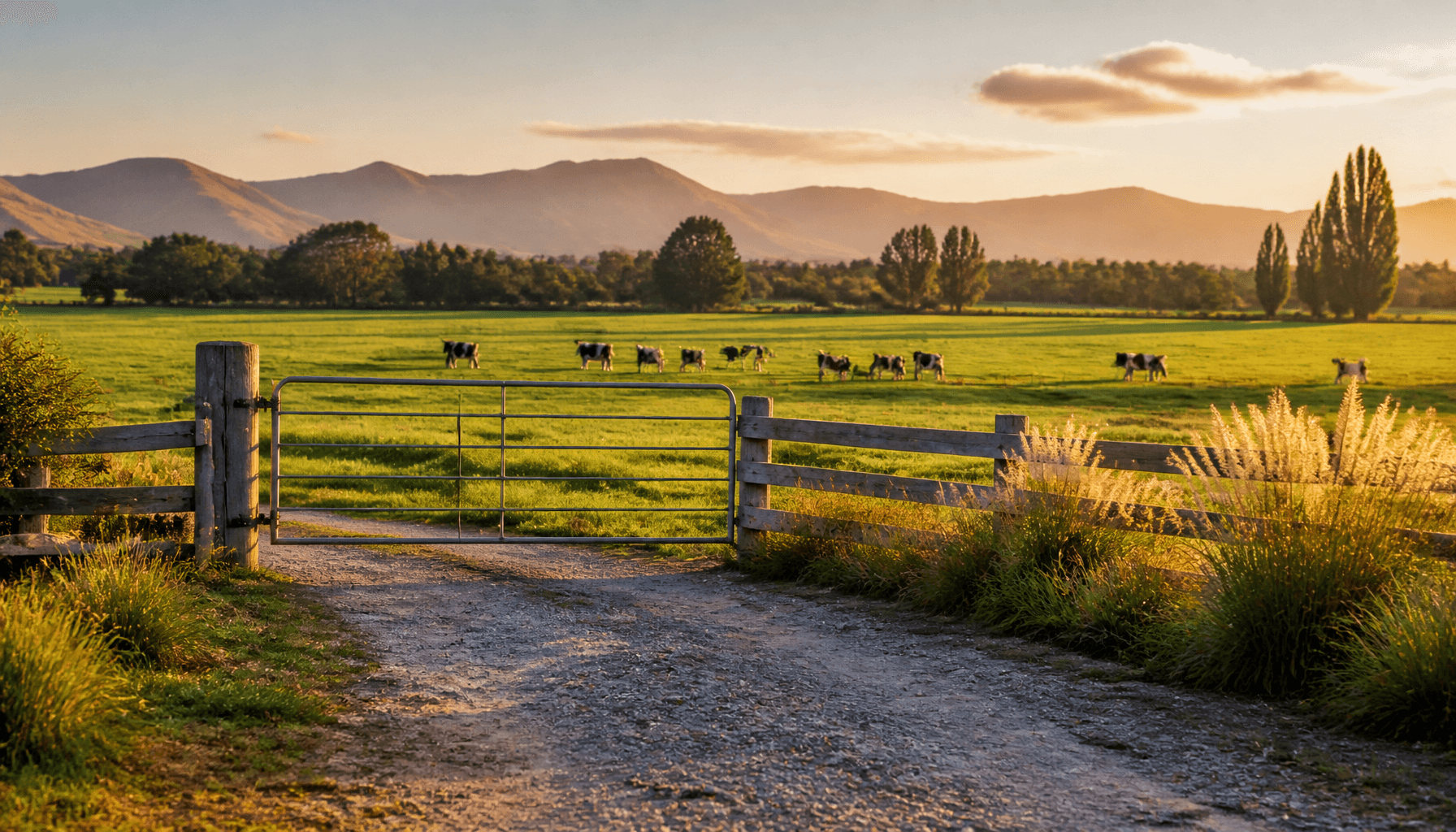 Rural New Zealand farm gate and paddock at dusk