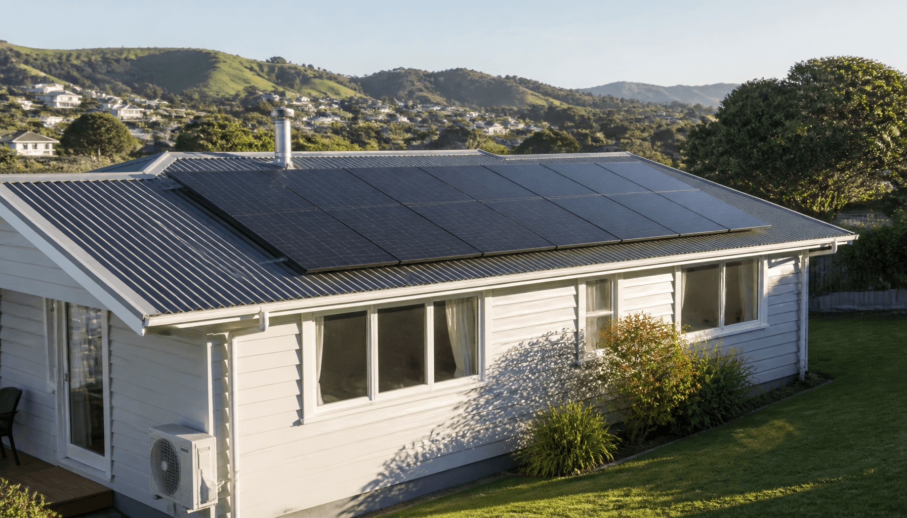 Rooftop solar panels on a New Zealand suburban house in morning light