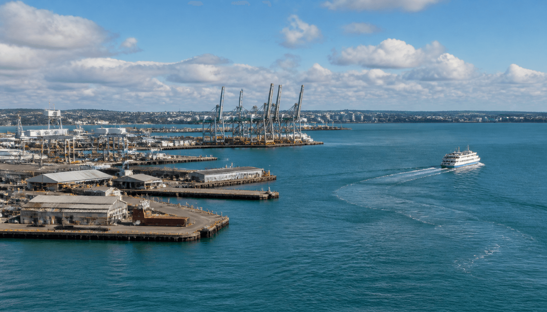 Auckland harbour commercial waterfront under clear daylight