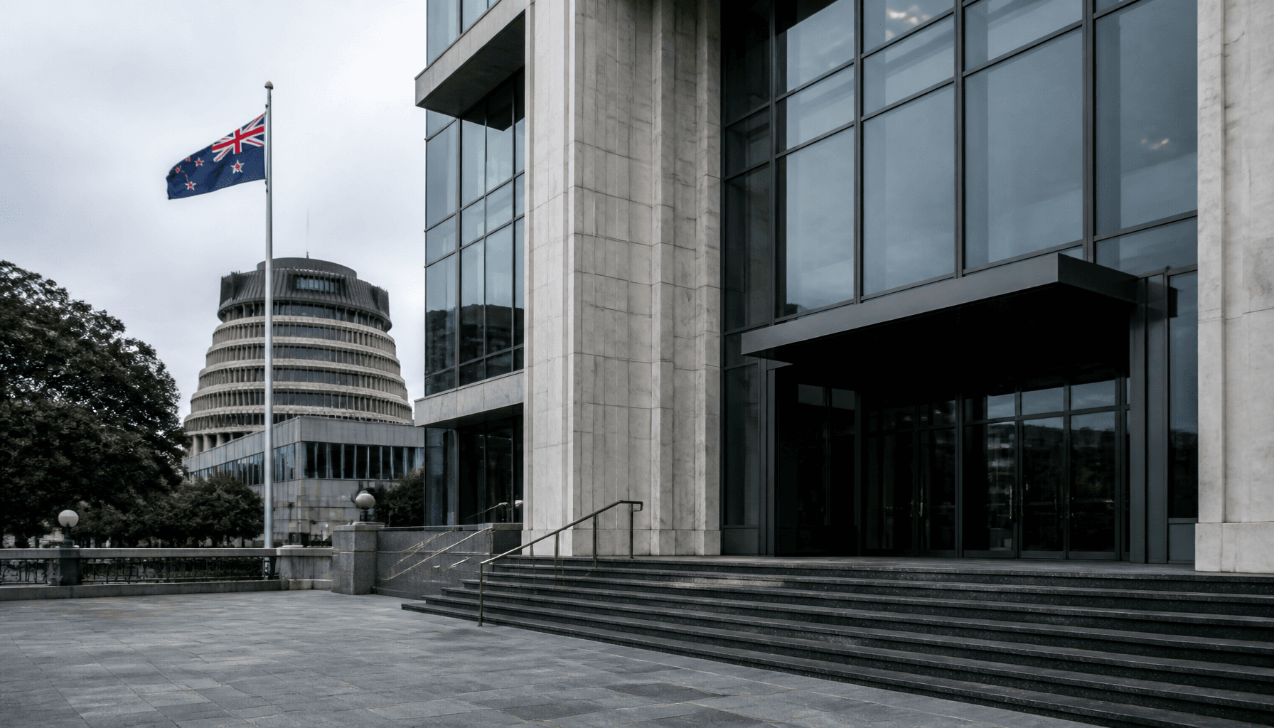 Reserve Bank of New Zealand headquarters exterior under overcast Wellington sky