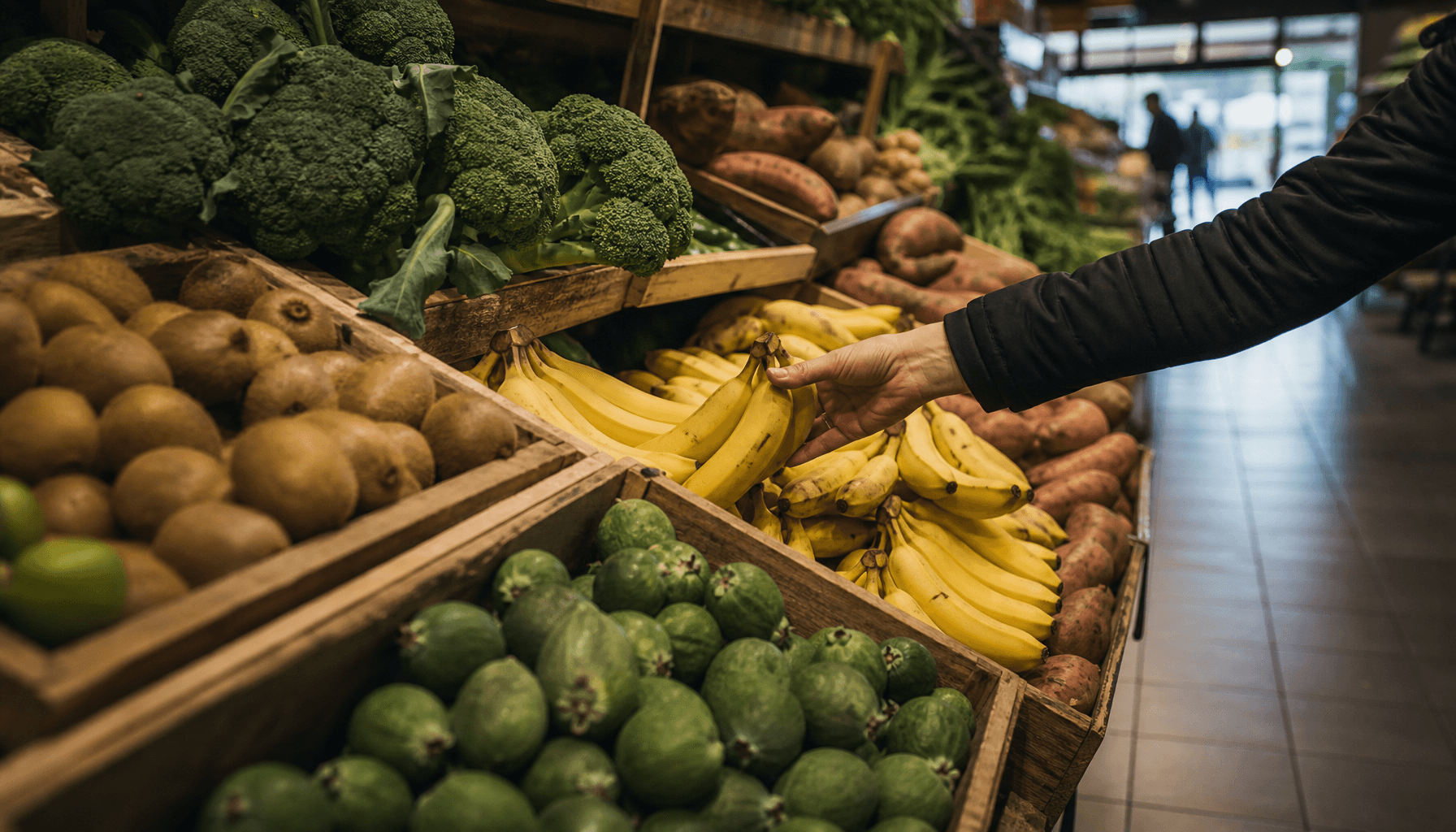 Auckland supermarket produce aisle showing kiwifruit, kumara and greens under warm overhead lighting, shopper reaching for bananas.