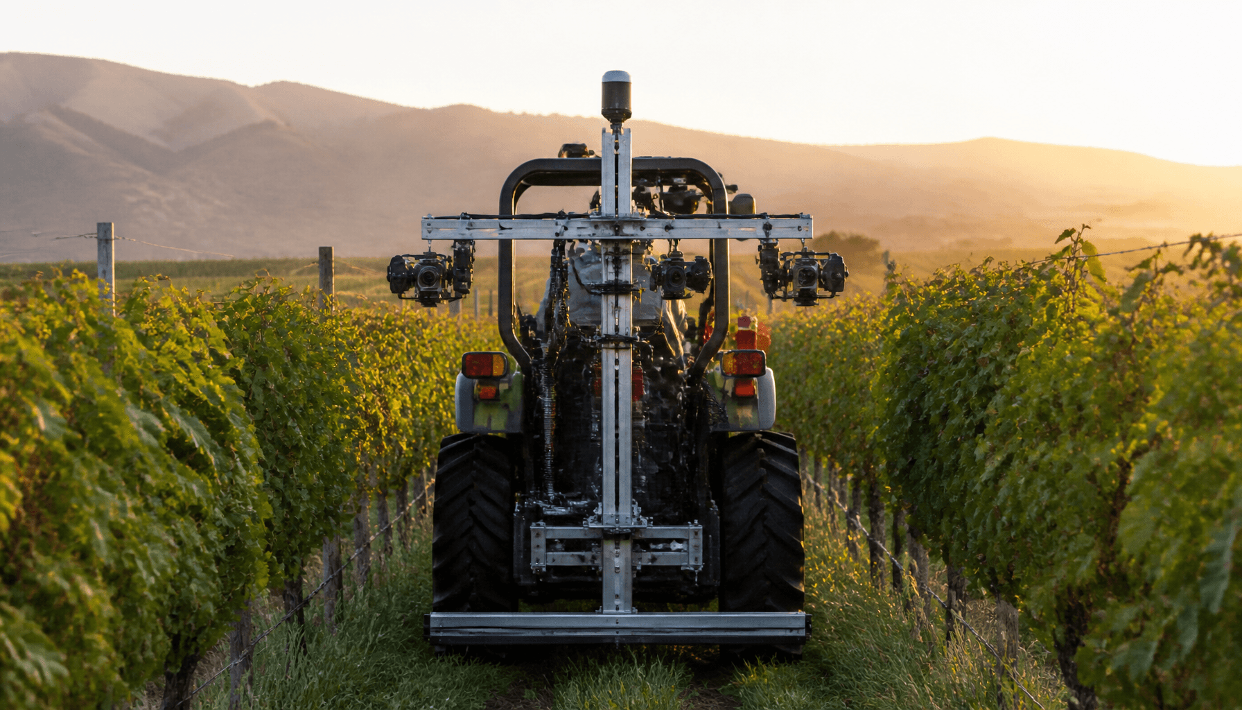 Tractor with mounted sensors moving through Marlborough vineyard rows at dusk