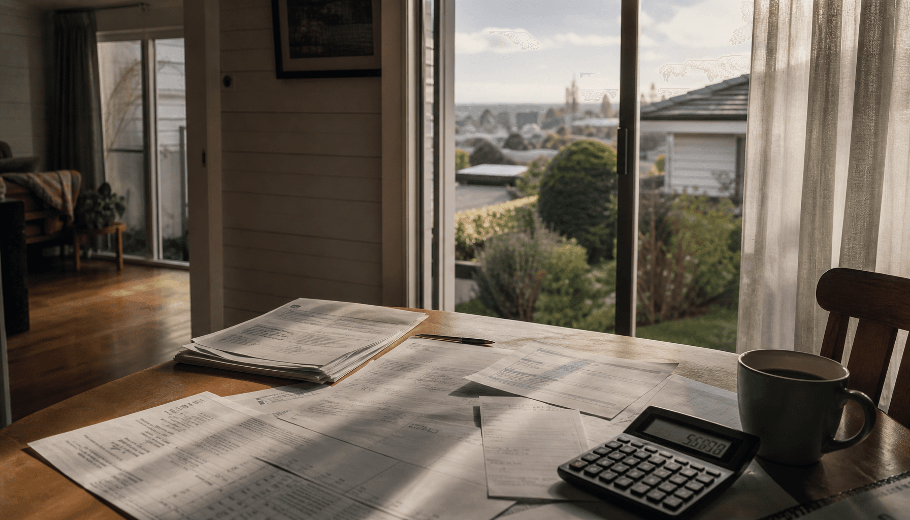 Auckland home interior with mortgage documents spread on a kitchen table in natural afternoon light