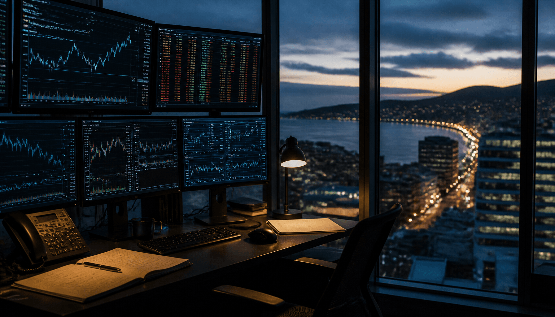 Wellington trading-desk interior with glowing monitors overlooking the harbour at dusk