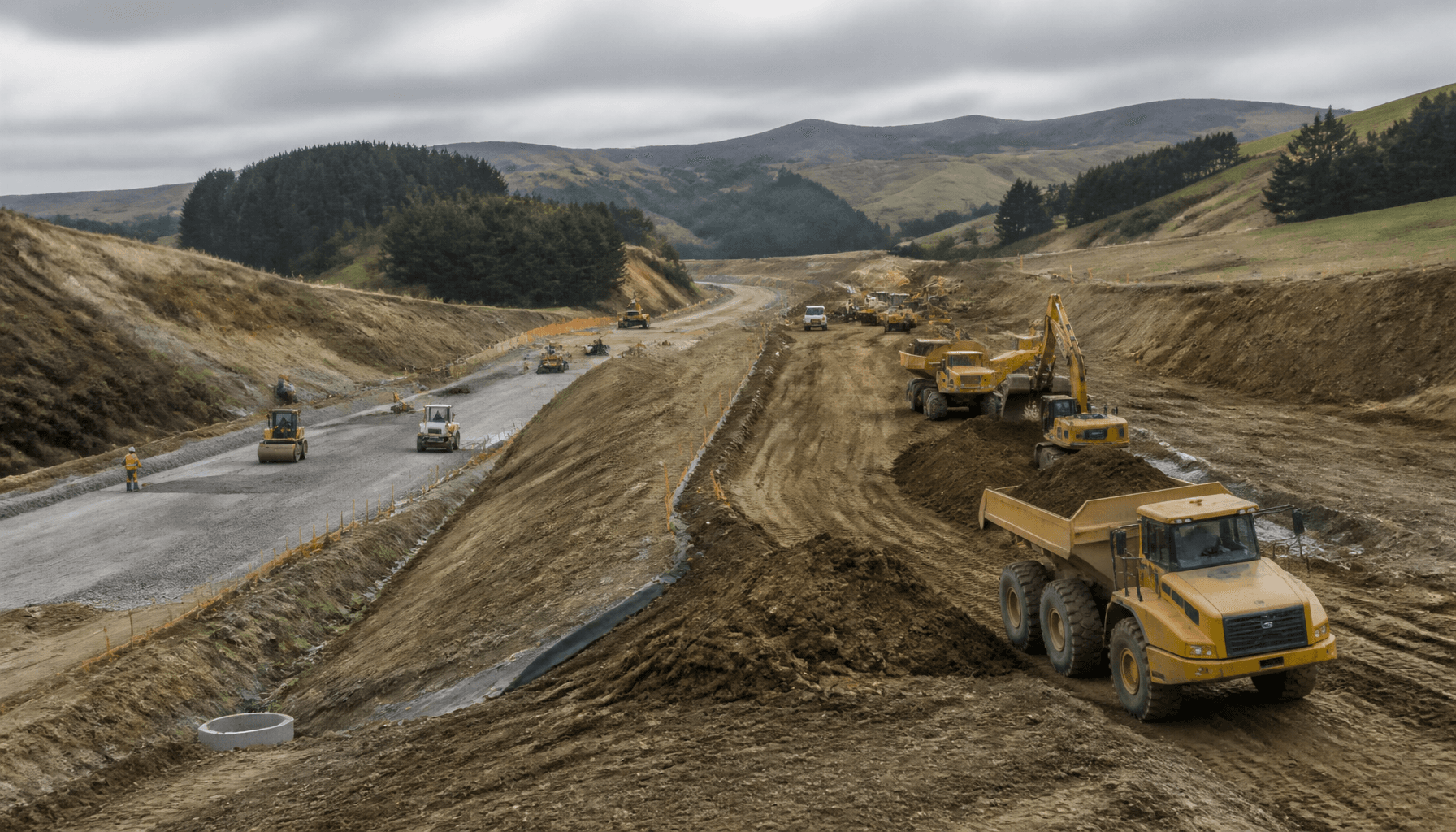 Highway civil works and earthmoving machinery on a New Zealand construction corridor