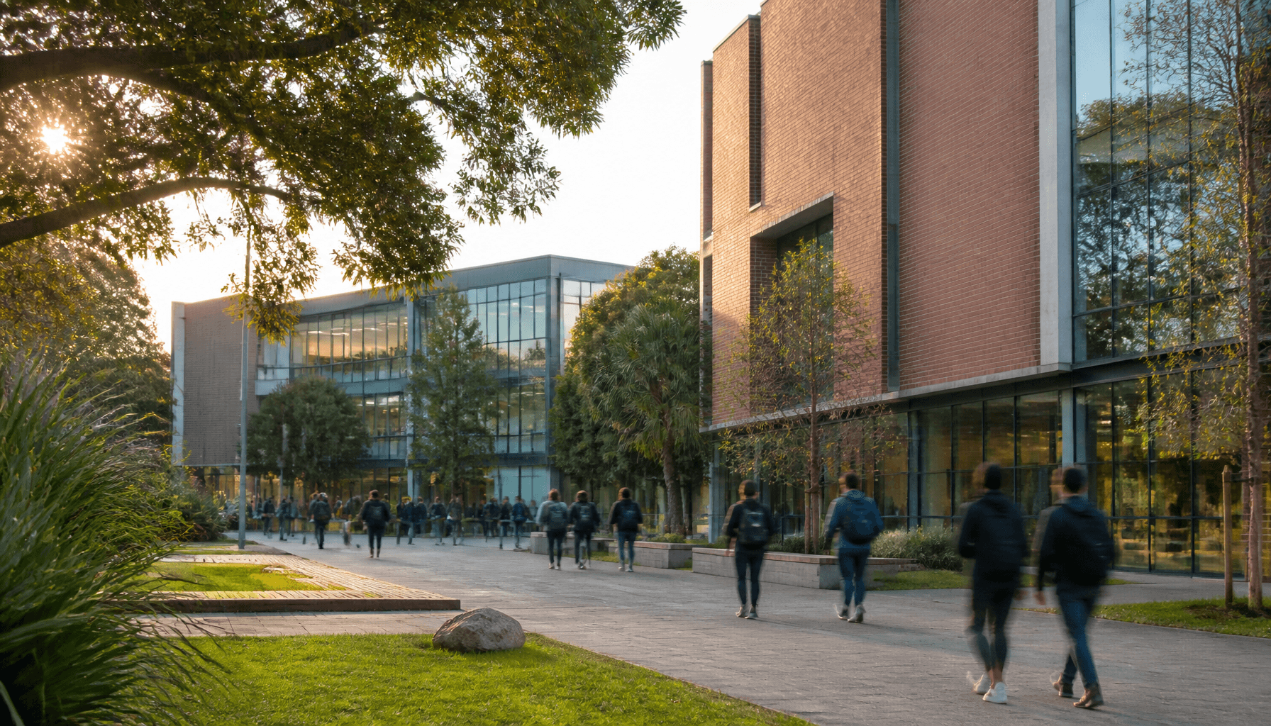University campus courtyard with students walking between faculty buildings