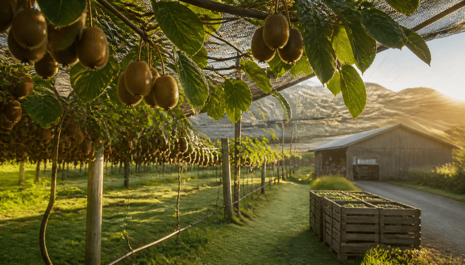 New Zealand kiwifruit orchard rows at dawn with fruit ready for export