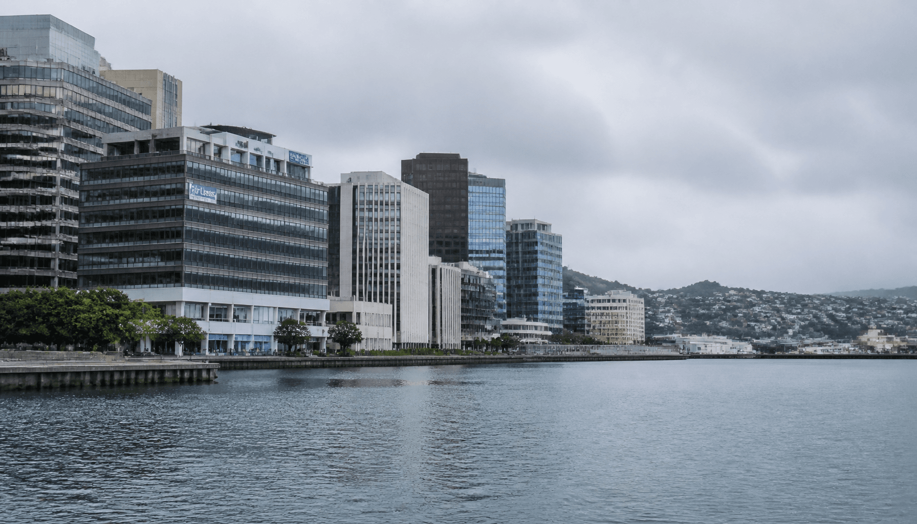 Quiet Wellington CBD office towers and waterfront under overcast skies with a leasing sign