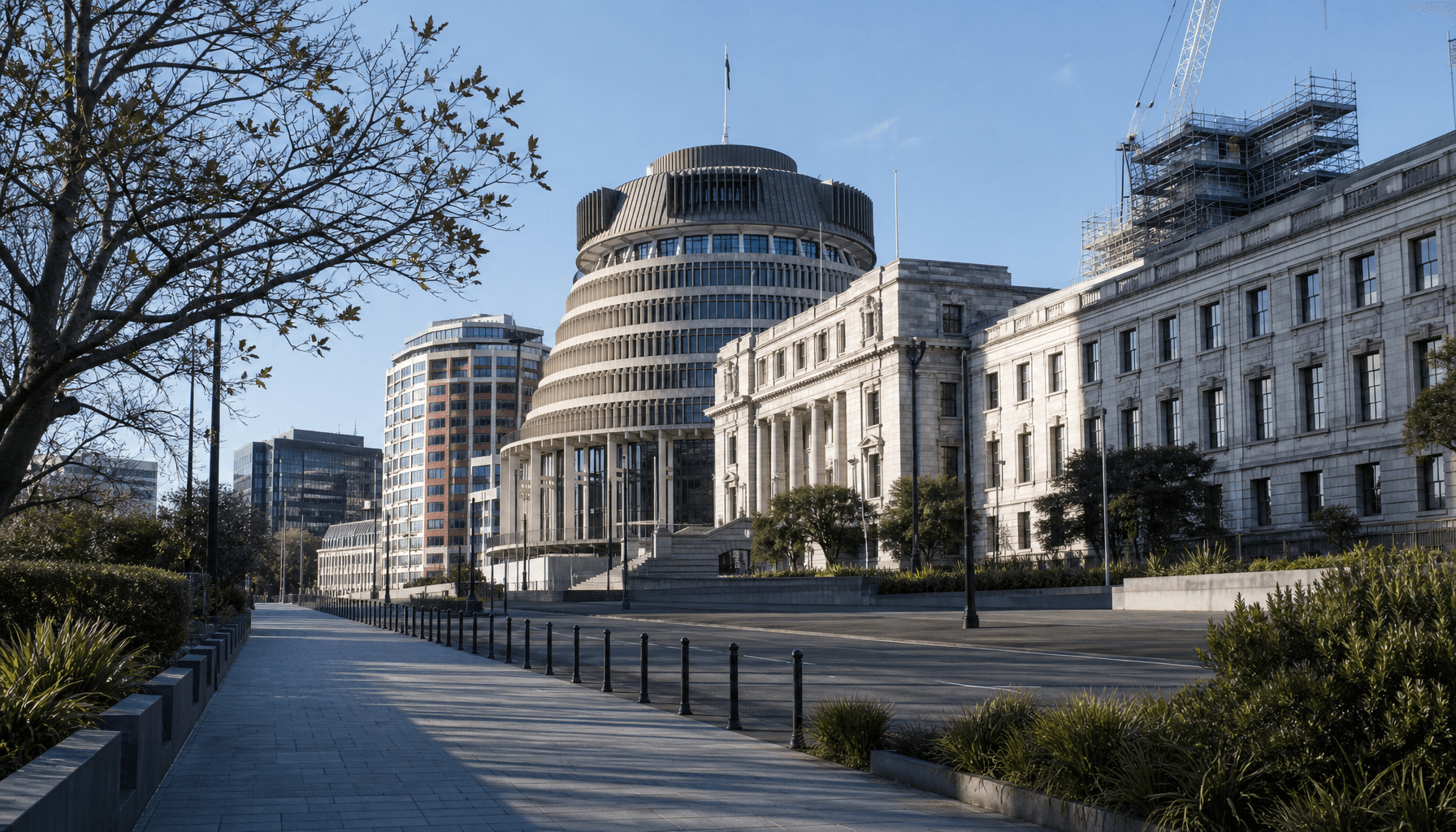 The Beehive and Parliament Buildings seen from Molesworth Street, Wellington, on a clear winter morning