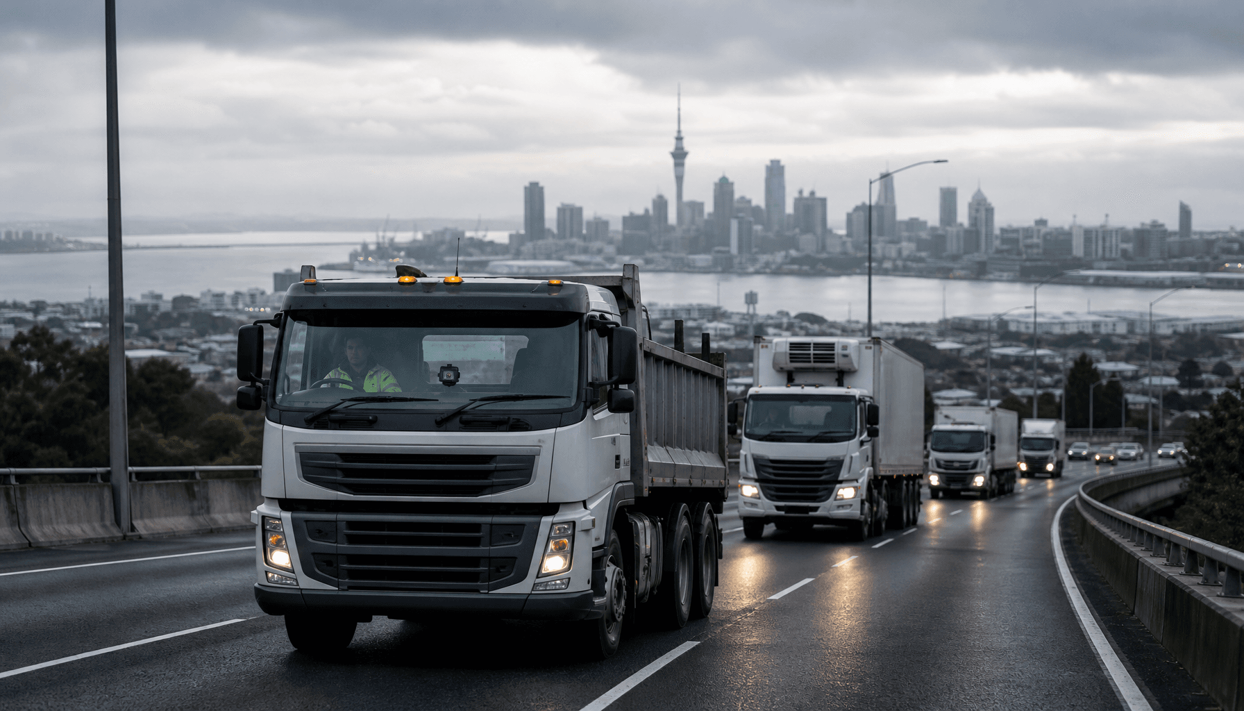 Heavy freight trucks on Auckland's Southern Motorway with city skyline and harbour in background