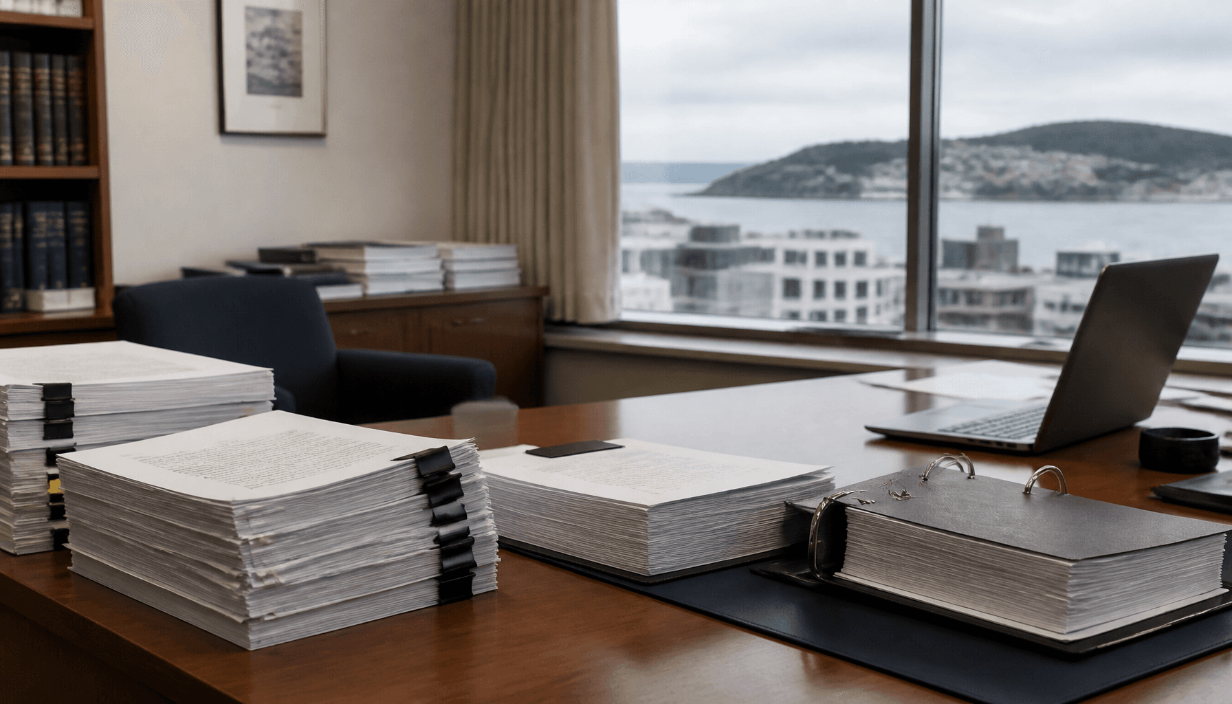 Stacks of Cabinet papers and binders on a Wellington office desk with harbour light through the window