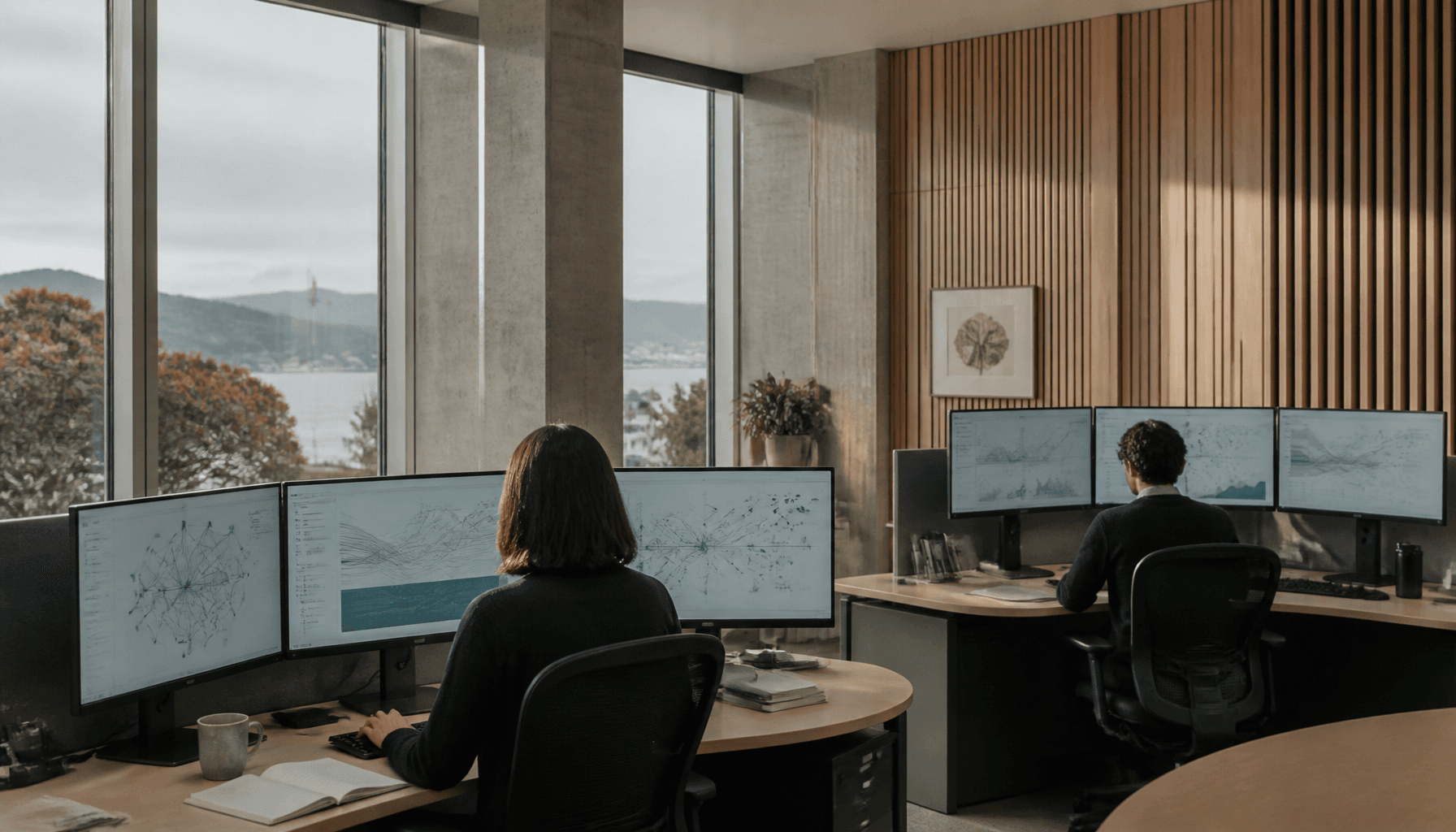 Wellington government data analysts reviewing longitudinal charts on large monitors, totara timber panelling visible