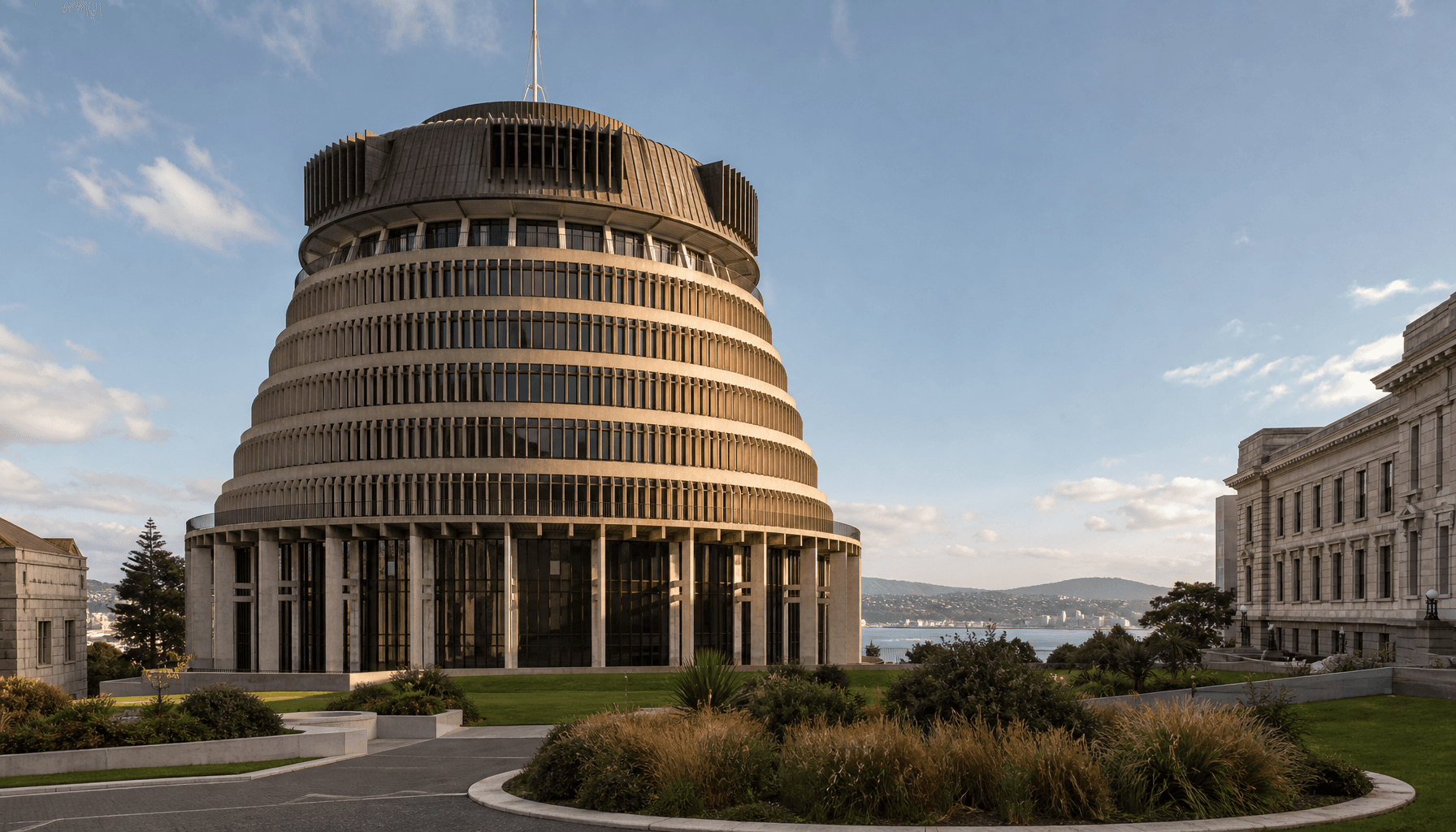 Exterior view of the Beehive executive building in Wellington on a clear afternoon, parliamentary grounds in foreground