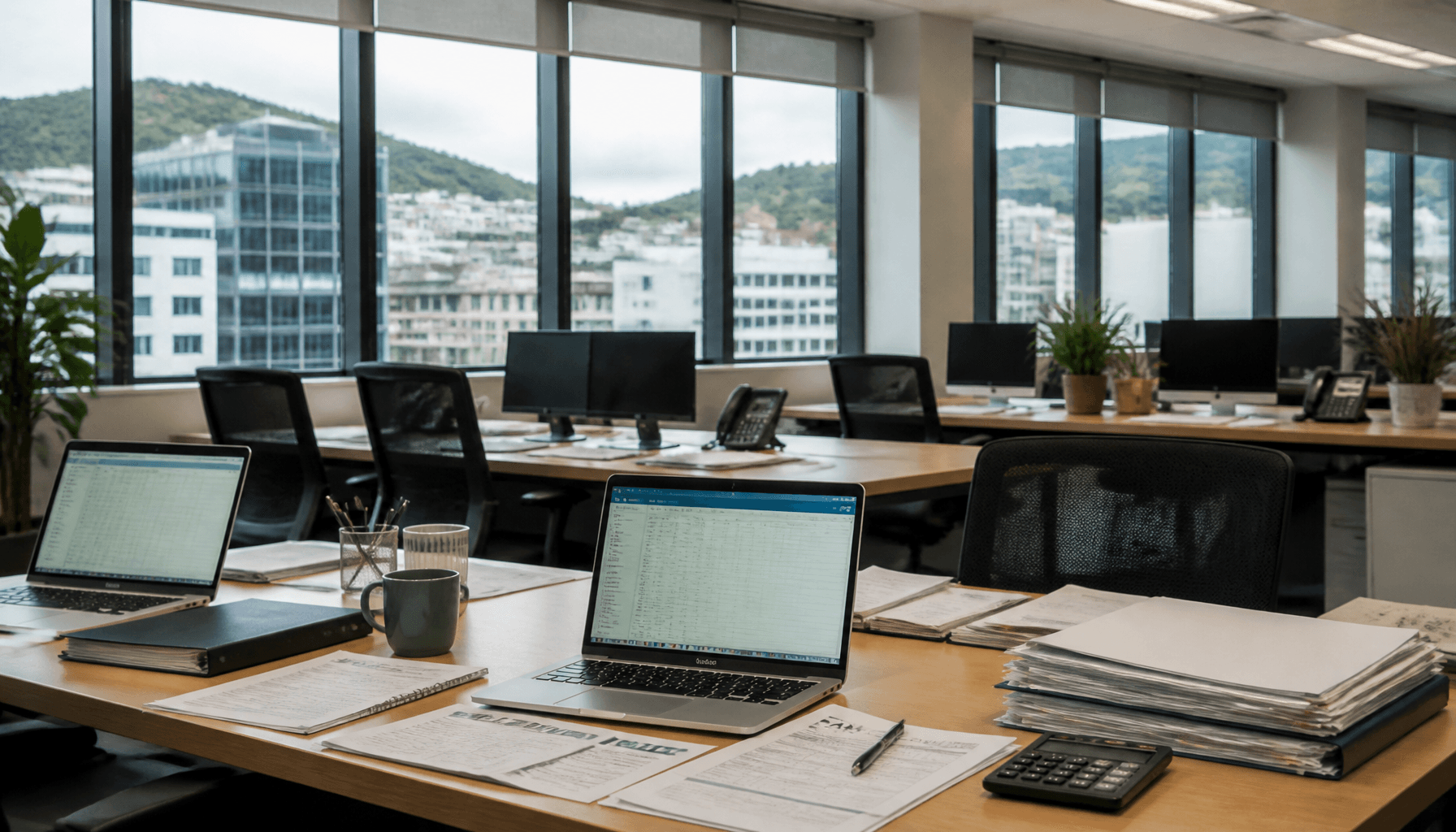 Wellington office desks with tax documents and computers under natural light