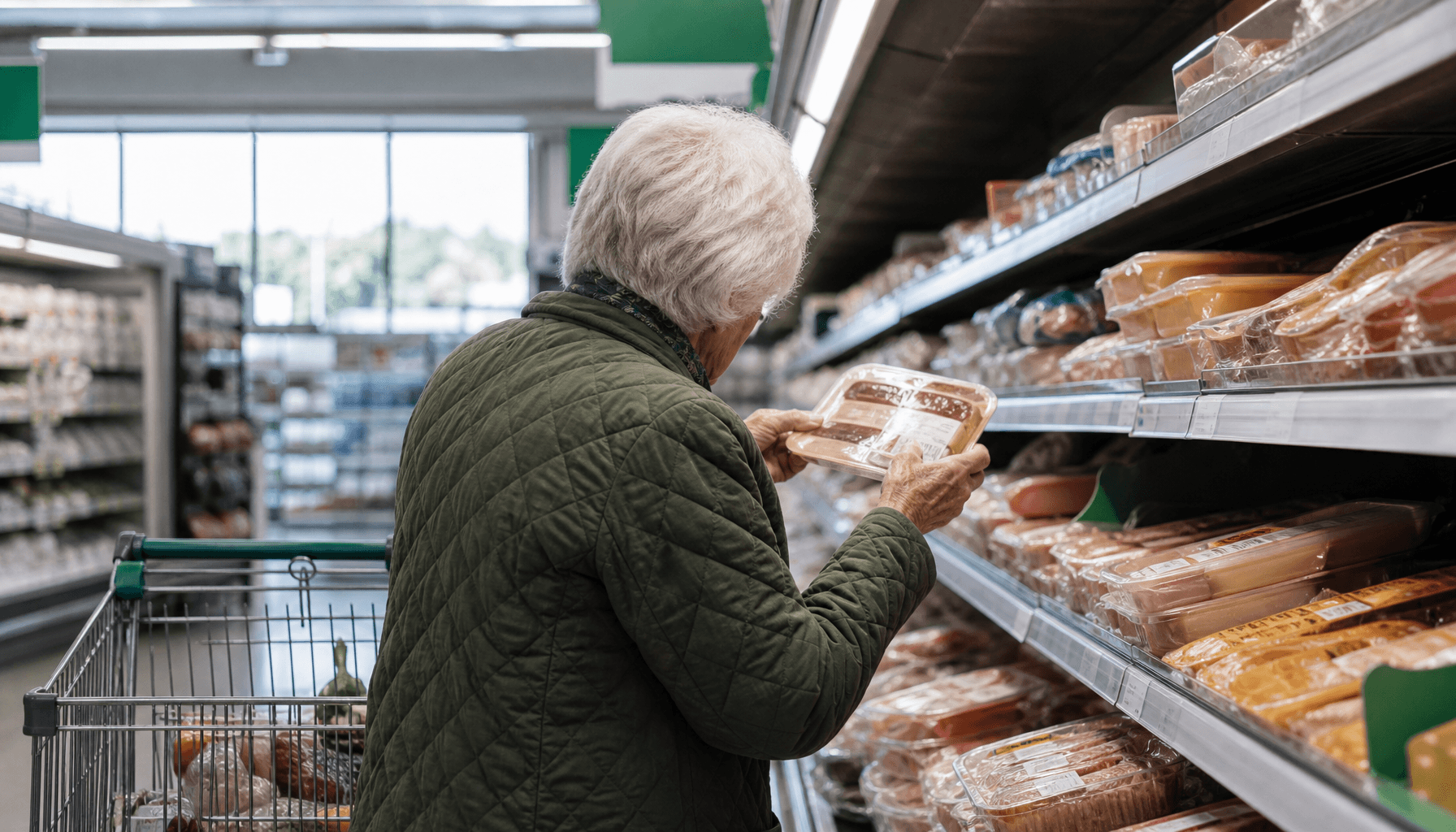 Elderly shopper seen from behind examining packaged meat prices in a New Zealand supermarket chiller aisle.