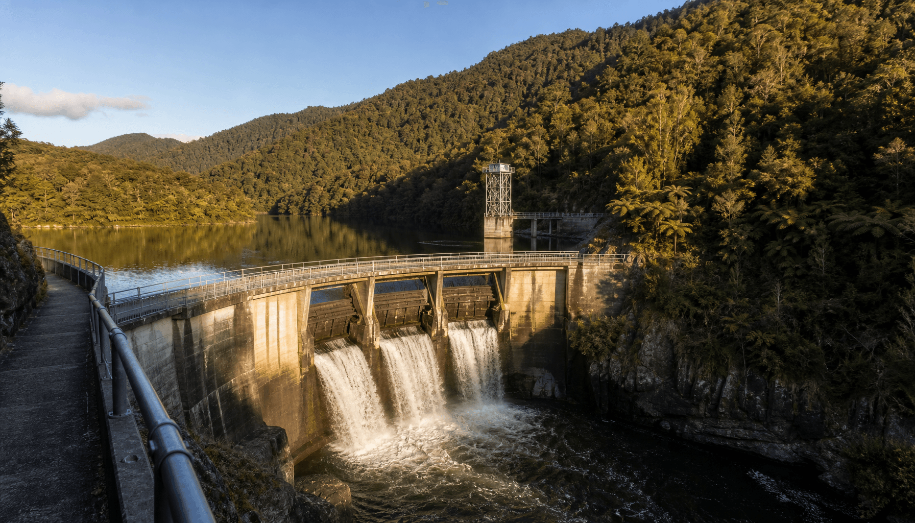 Kaimai Ranges hydro dam spillway and reservoir surrounded by native New Zealand forest