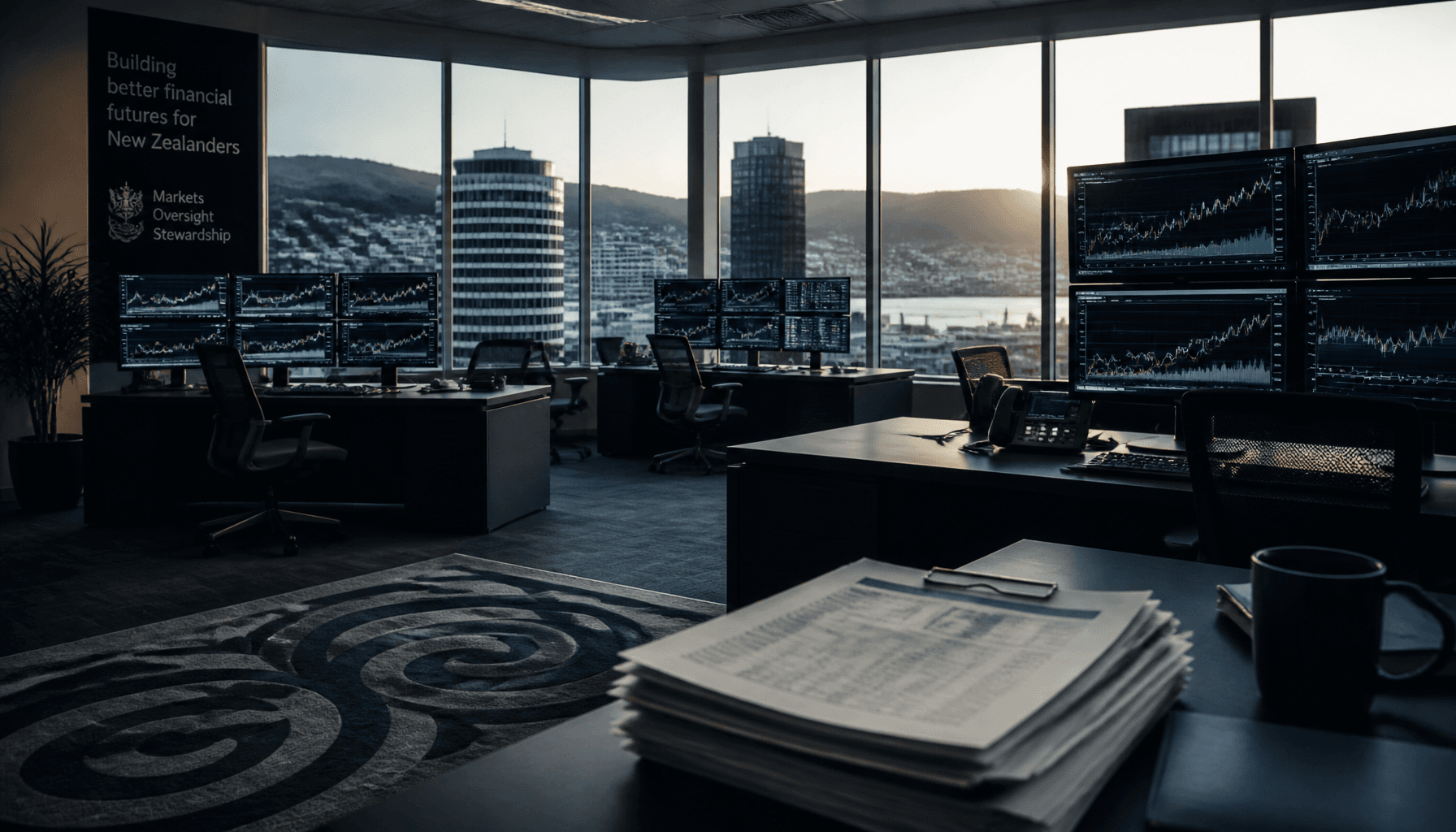 Empty Wellington office interior with monitors showing abstract graphs, evoking KiwiSaver fund administration