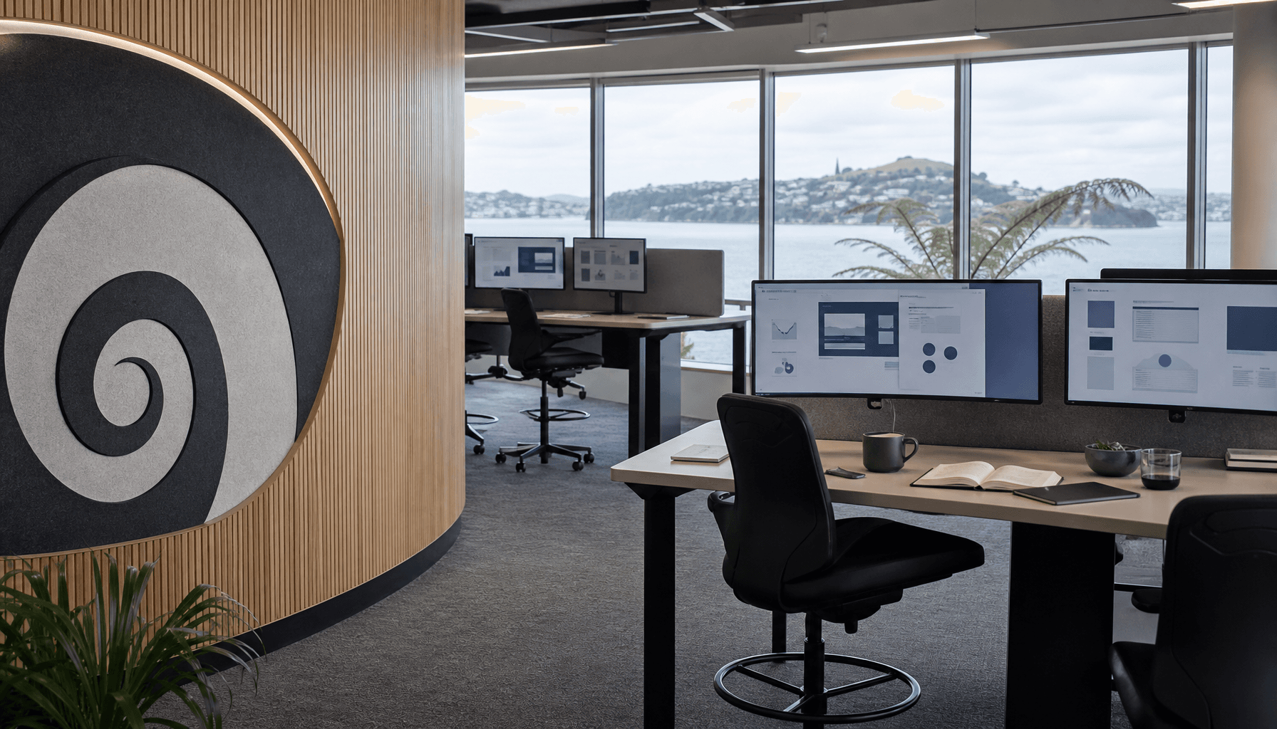 Auckland tech office interior overlooking Waitematā Harbour, representing New Zealand software sector growth