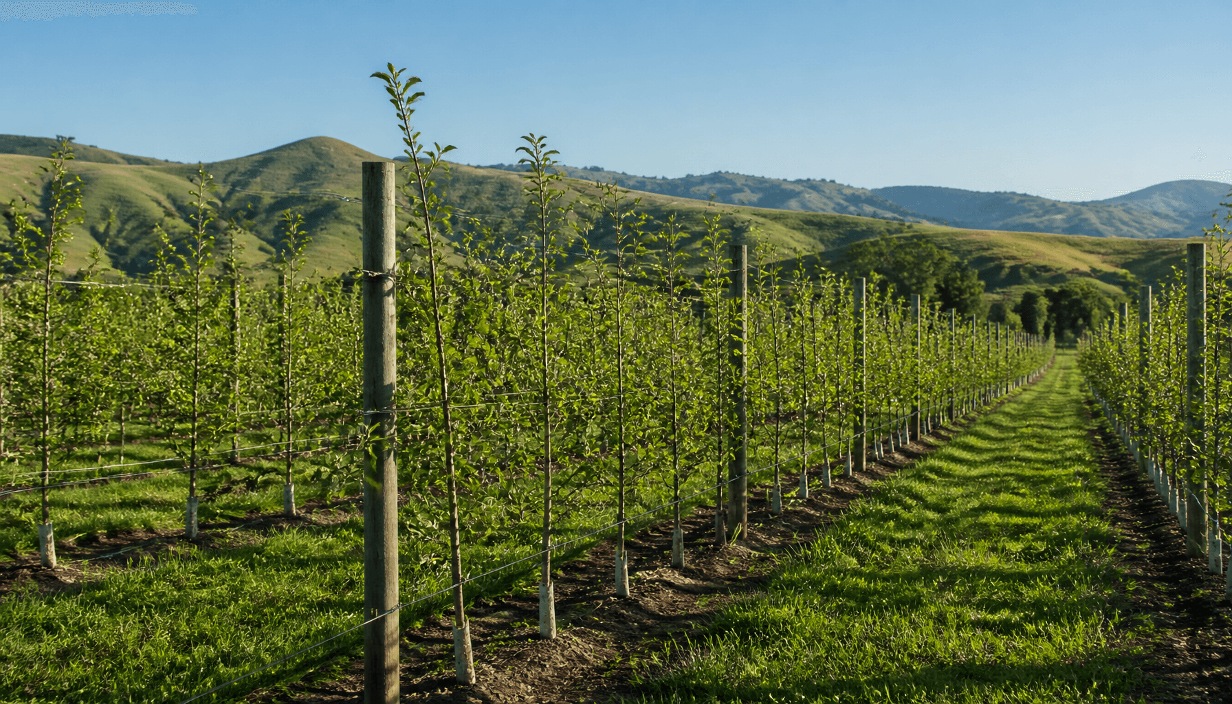 Young trellised apple orchard rows in Hawke's Bay under morning light
