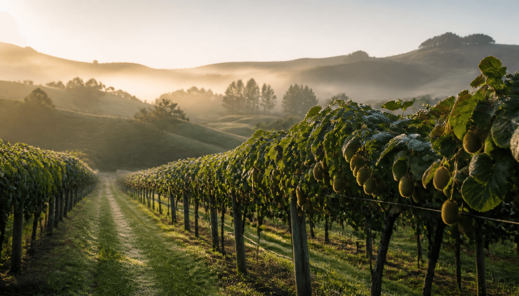 New Zealand kiwifruit orchard rows under soft morning light in the Bay of Plenty