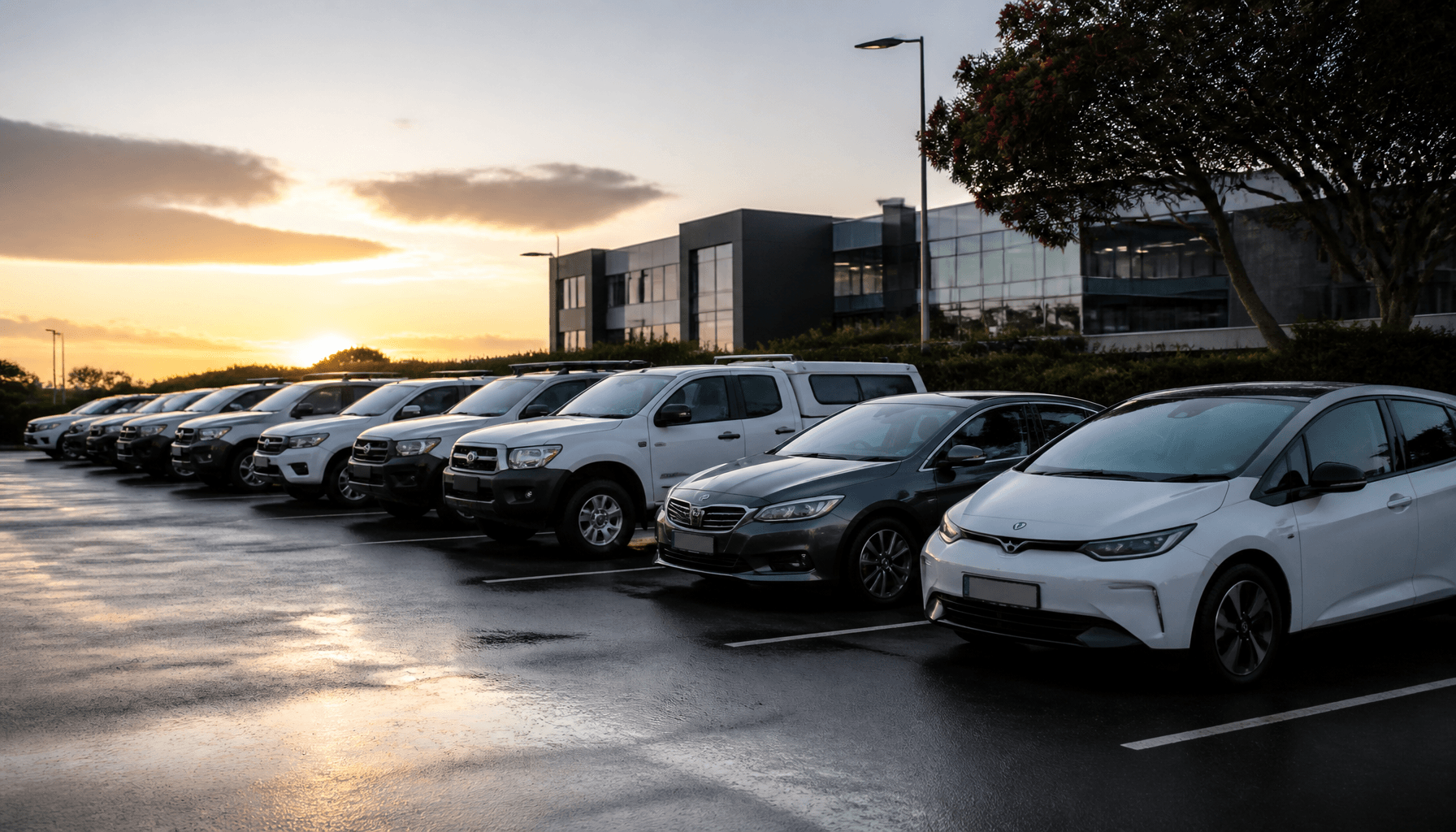 Mixed fleet of utes, sedans and an EV parked in a New Zealand workplace car park at dawn