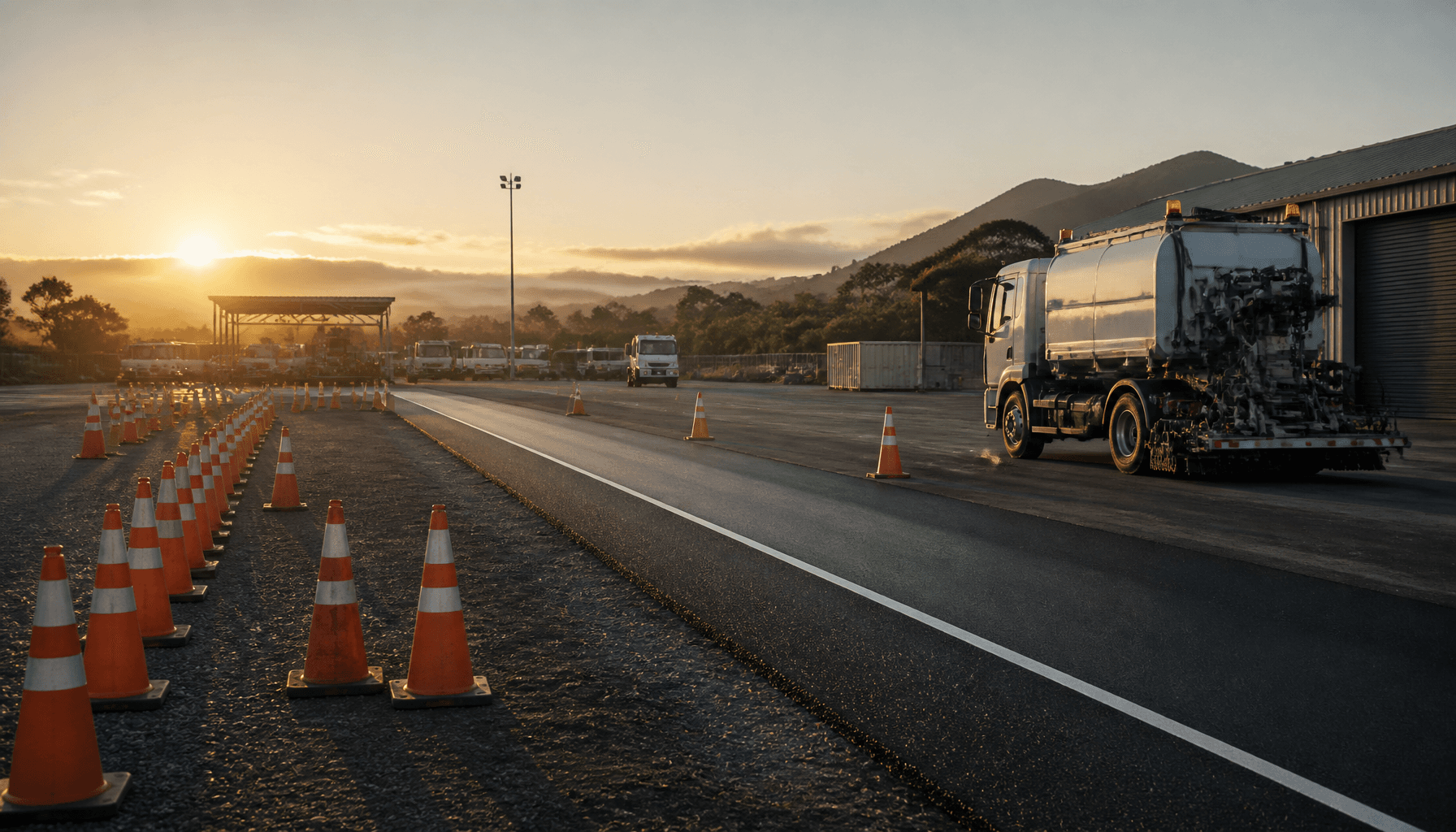 NZ road maintenance depot at dawn with cones and asphalt, evoking transport fund tension