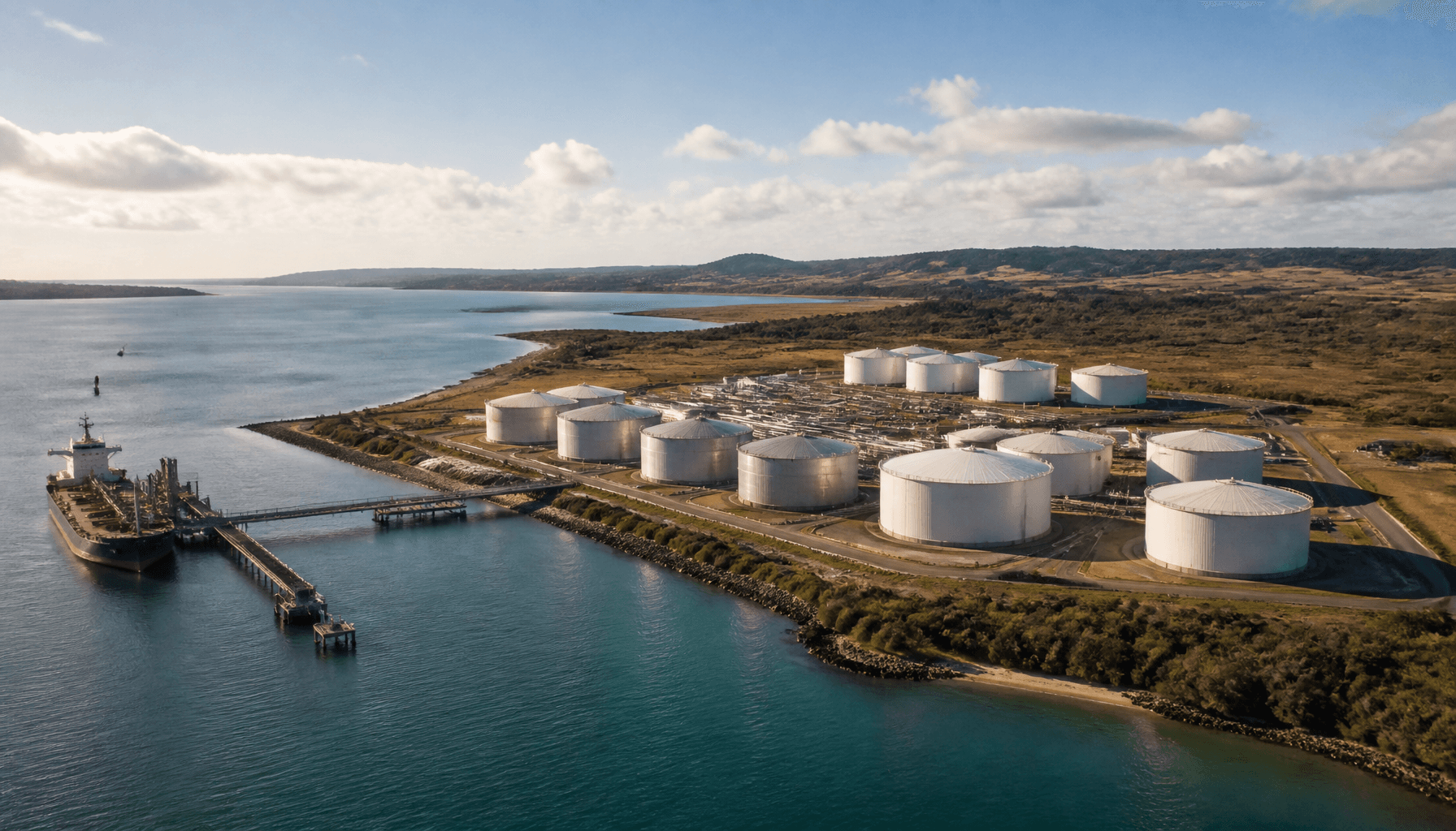 Aerial view of Marsden Point fuel storage terminal on the Northland coastline, tanks visible beside the harbour