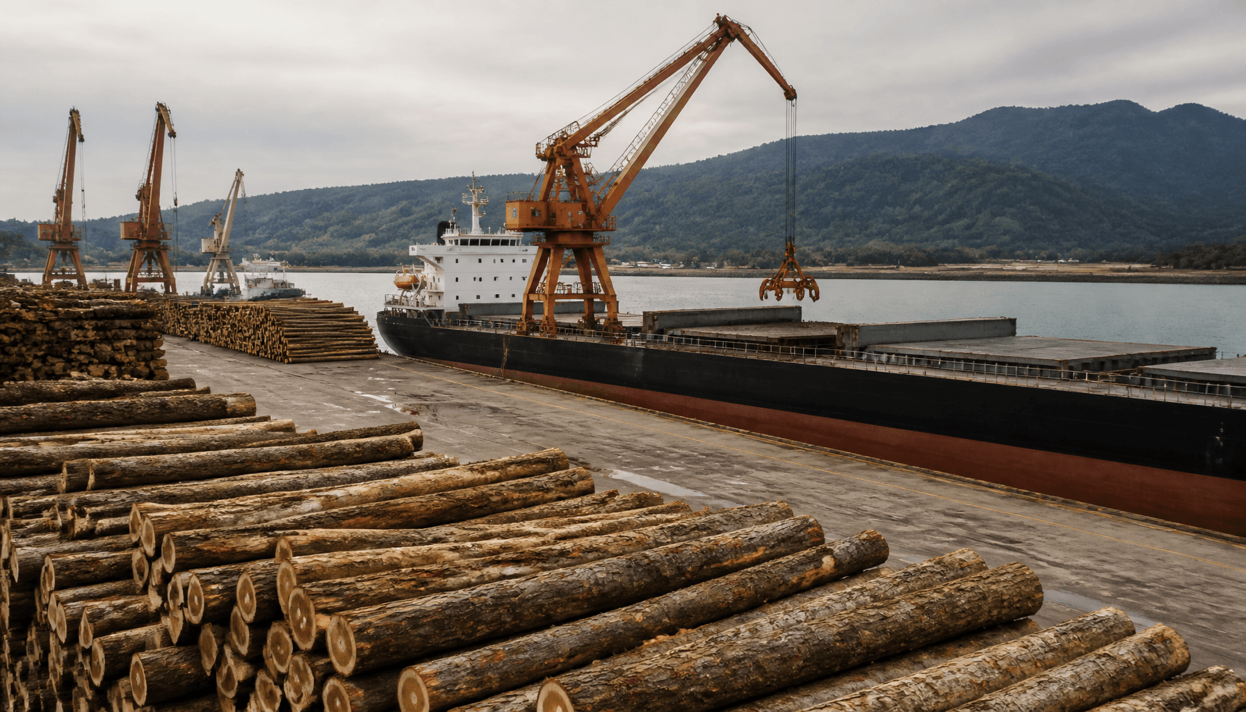 Stacked radiata pine logs on Port of Tauranga wharf awaiting loading onto a bulk cargo vessel