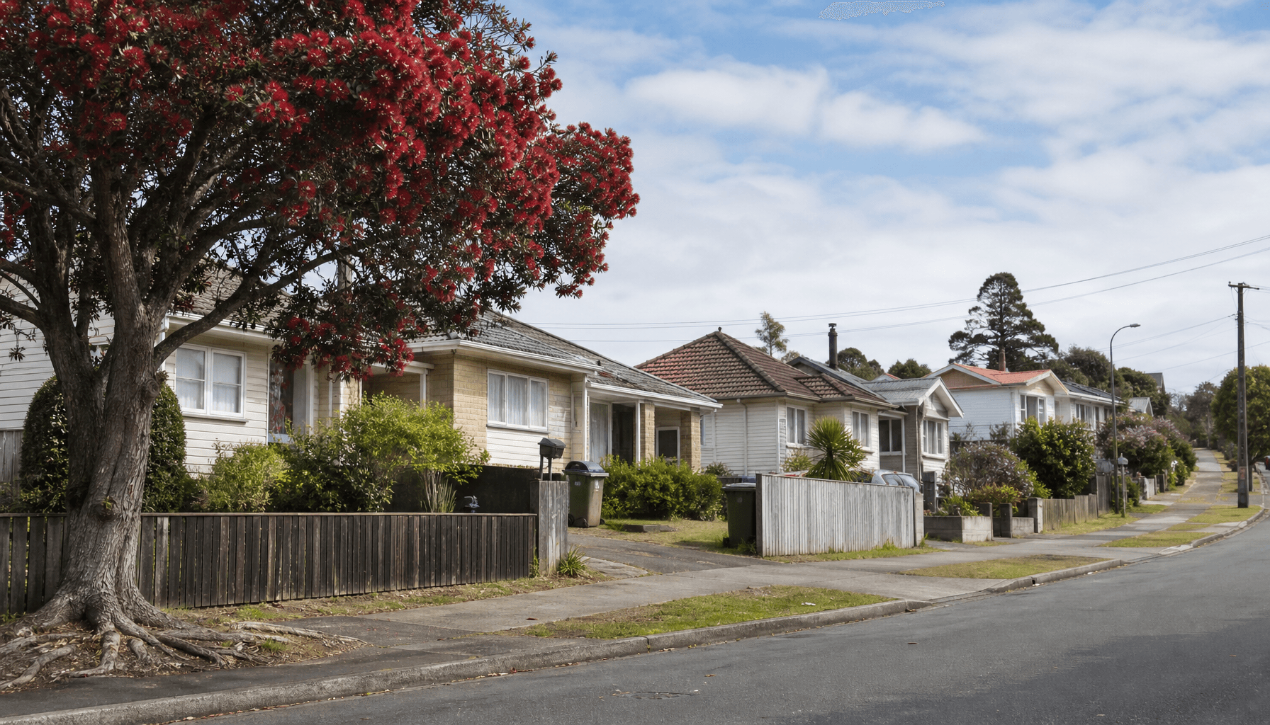 Modest weatherboard homes lining a south Auckland residential street beneath a flowering pohutukawa tree