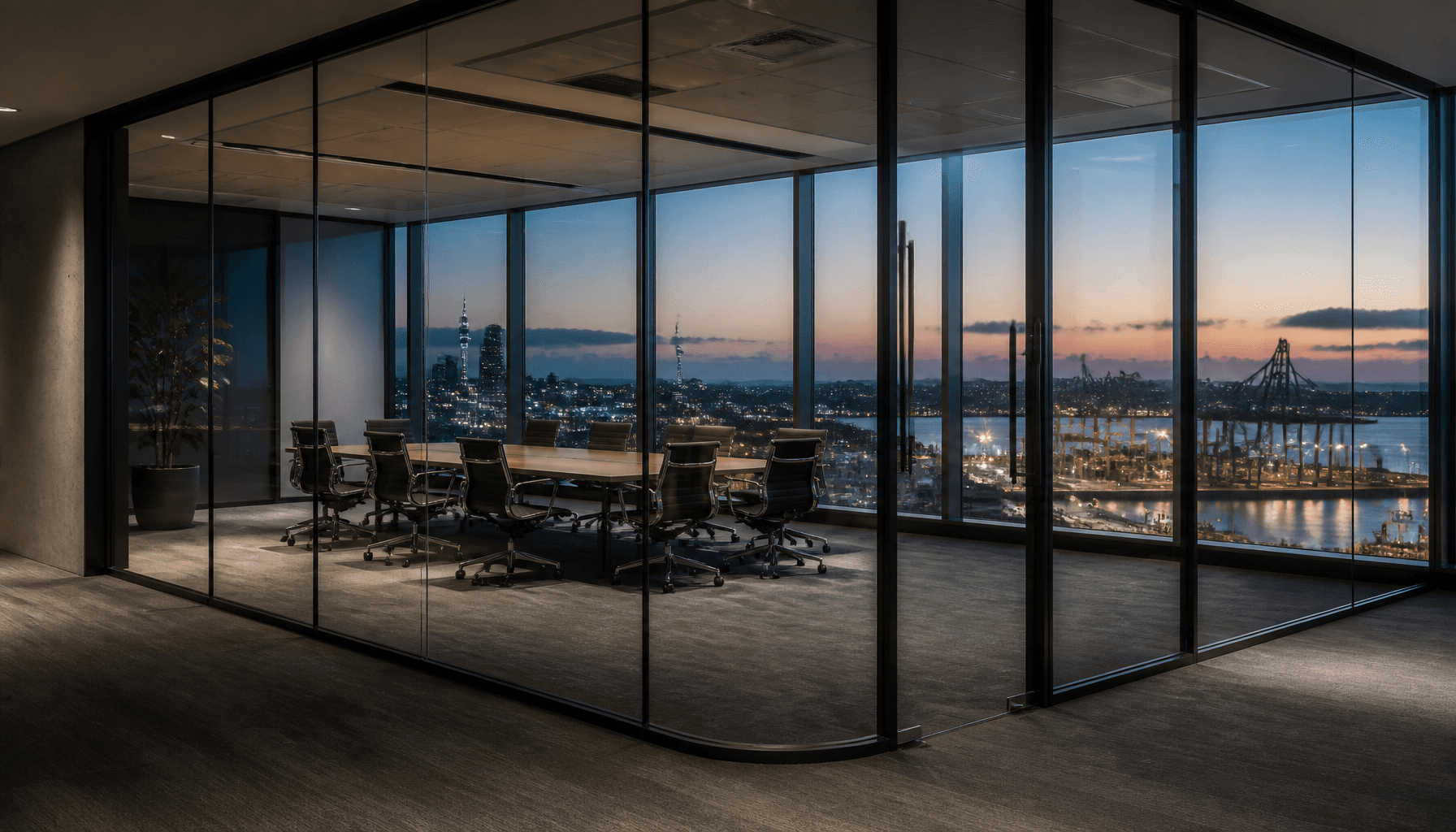 Empty Auckland office meeting room overlooking harbour and port at dusk