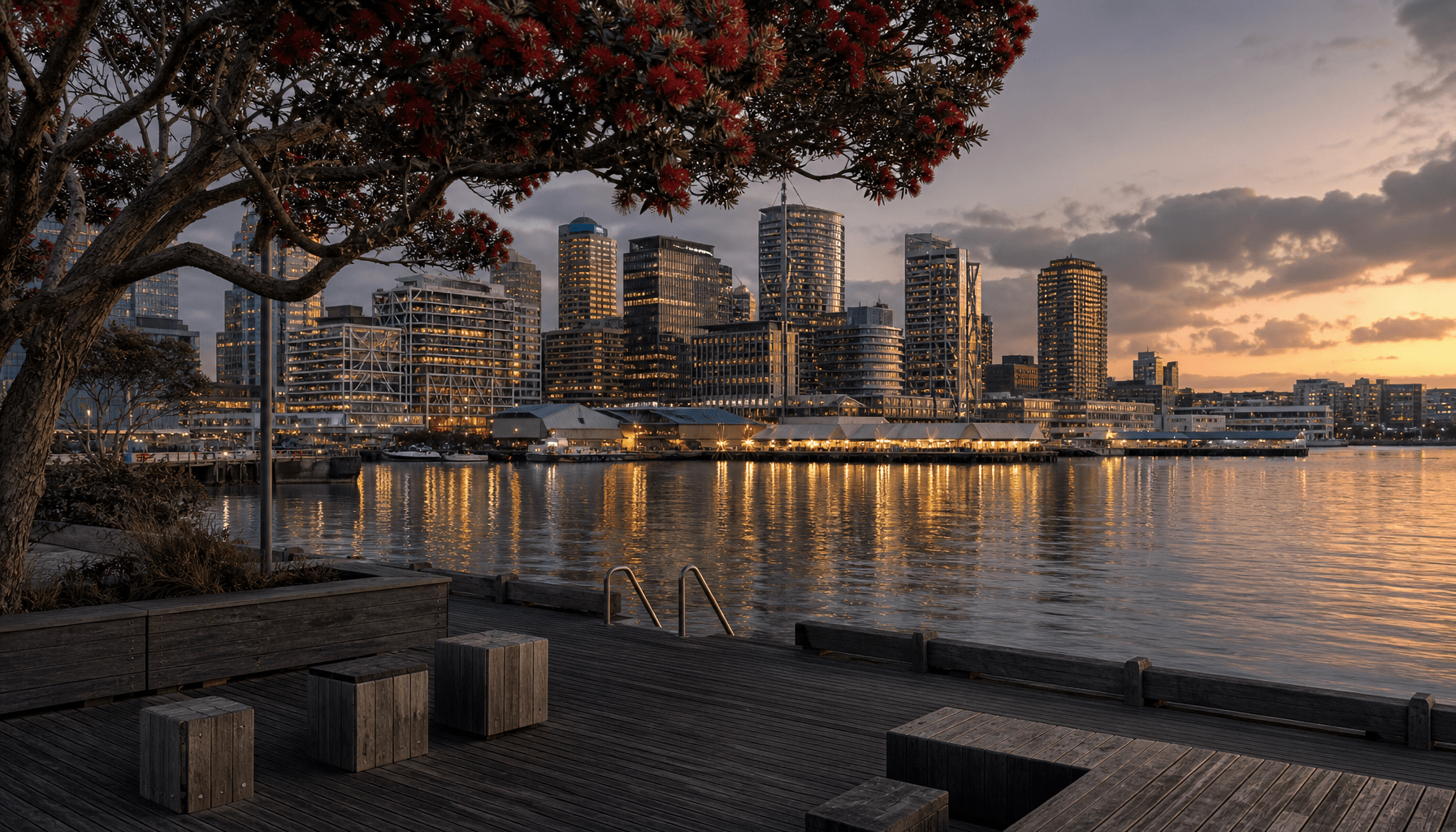 Auckland CBD waterfront at dusk with pohutukawa trees and Waitematā Harbour