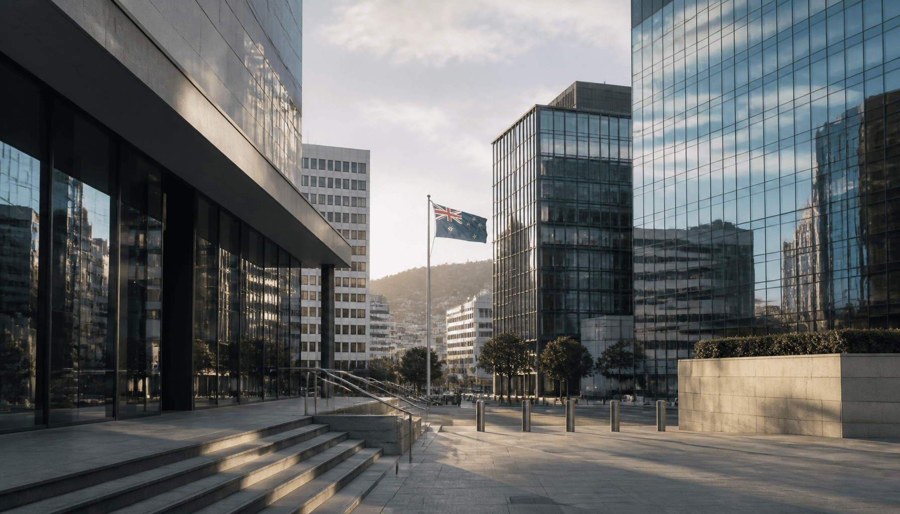 Wellington corporate office precinct at dawn, evoking investment regulation