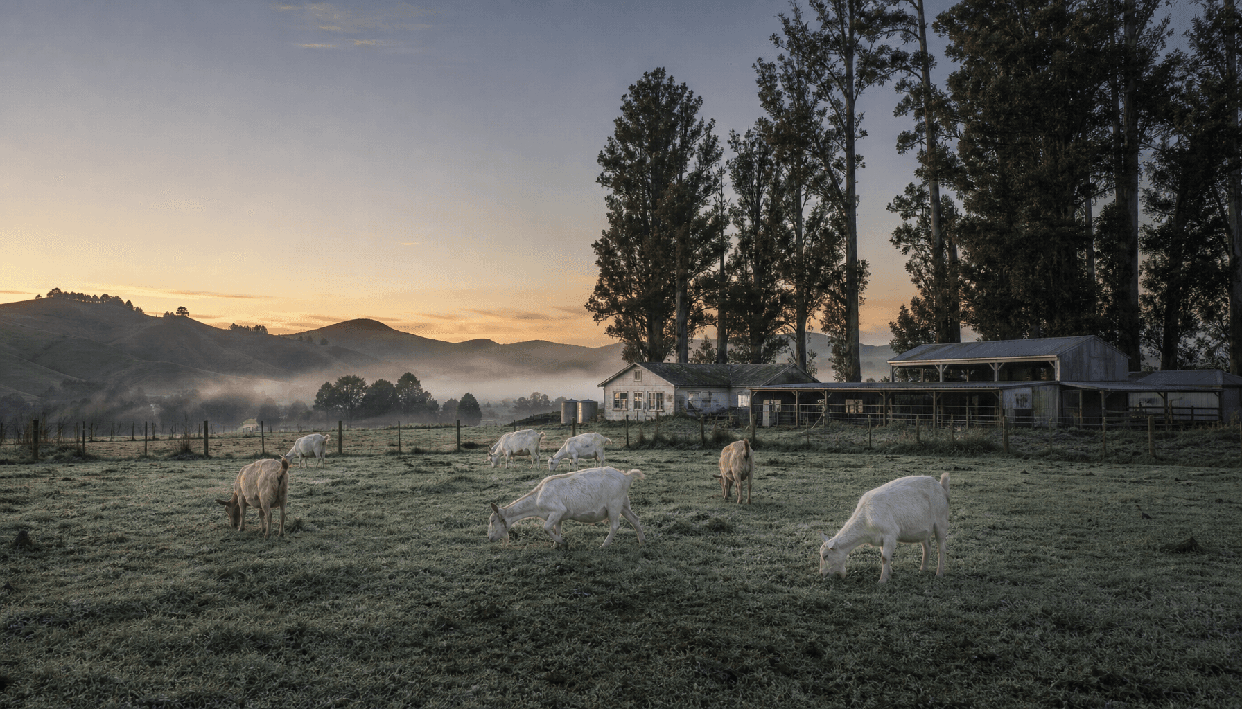 Dairy goat herd grazing at dawn in King Country hill-country paddocks near Ōtorohanga