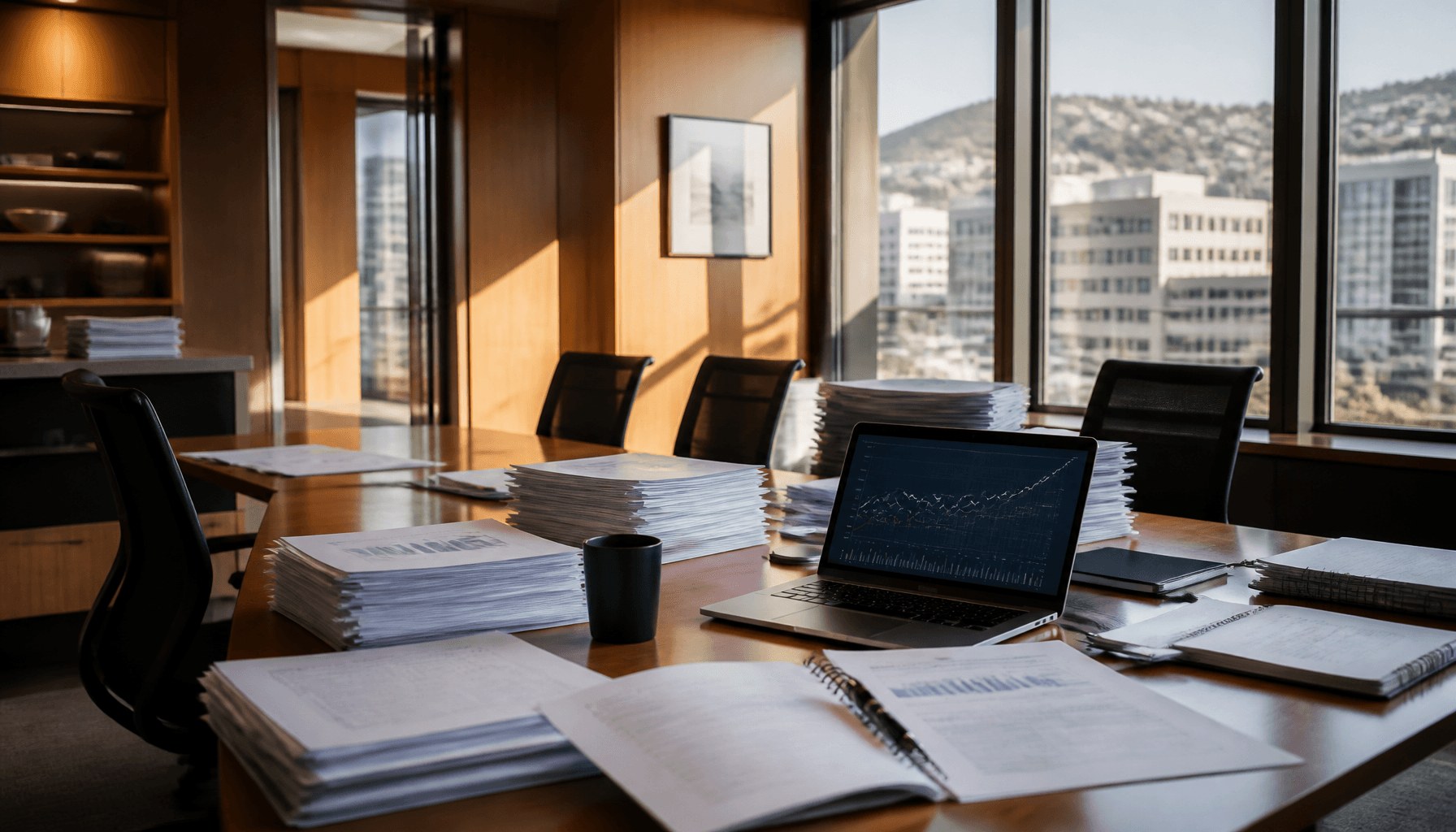 Empty Wellington boardroom with budget papers on the table after a business conference session