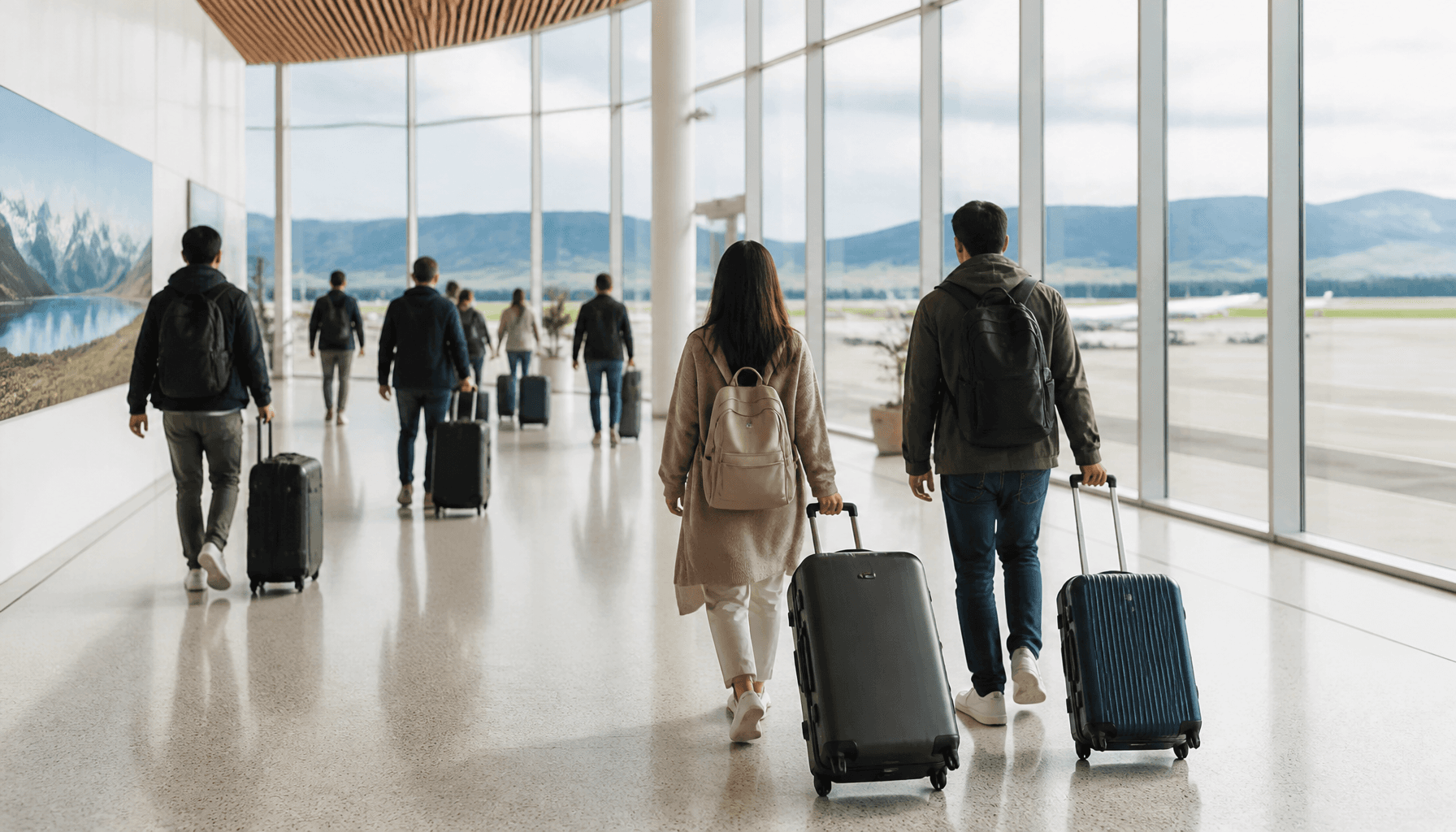 Travellers with luggage in a New Zealand airport arrivals hall