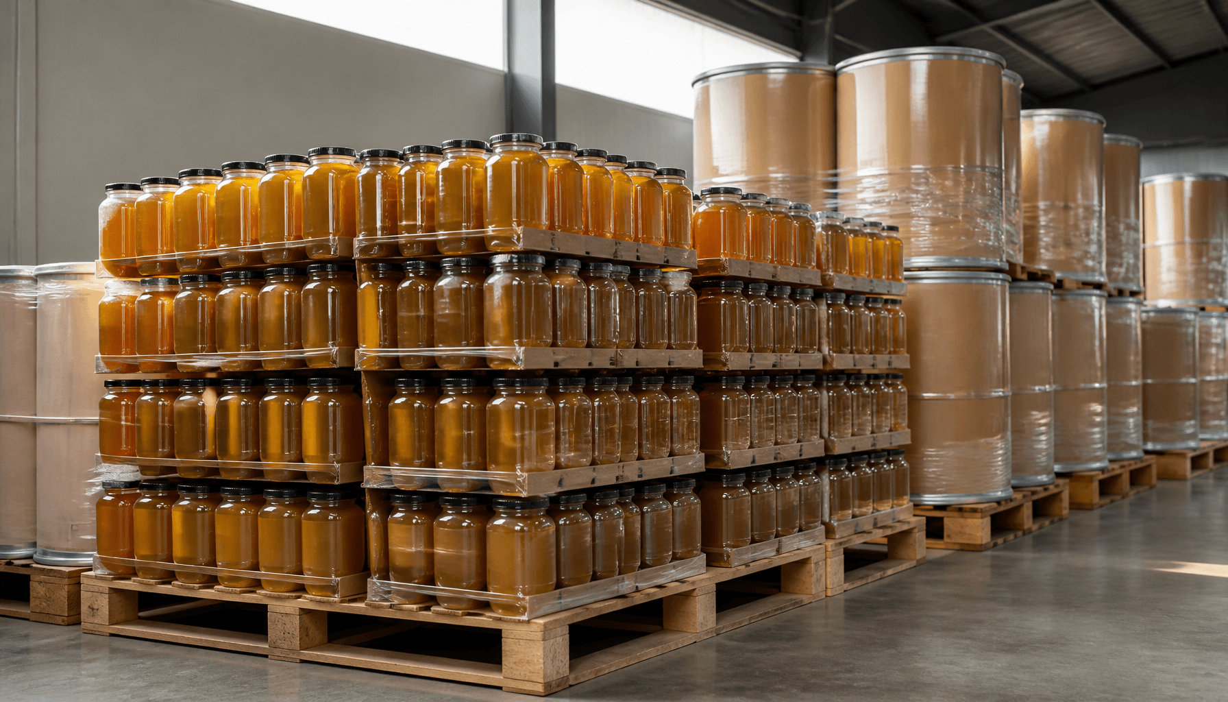 Mānuka honey jars and drums ready for export in a Bay of Plenty warehouse