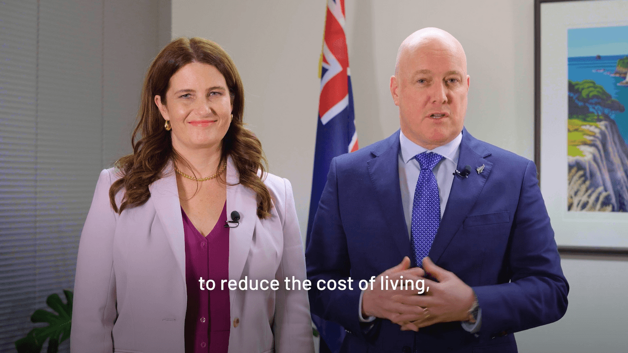 Prime Minister Christopher Luxon and Finance Minister Nicola Willis at a Budget delivery event