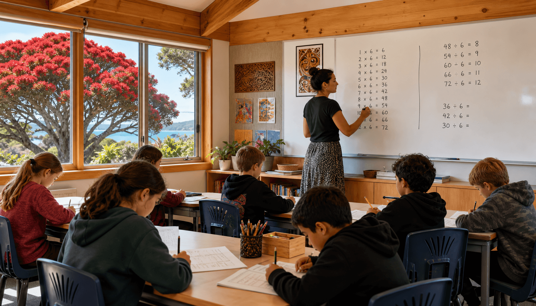 A New Zealand primary school classroom where a teacher leads a maths lesson, children working at desks with arithmetic problems on the whiteboard