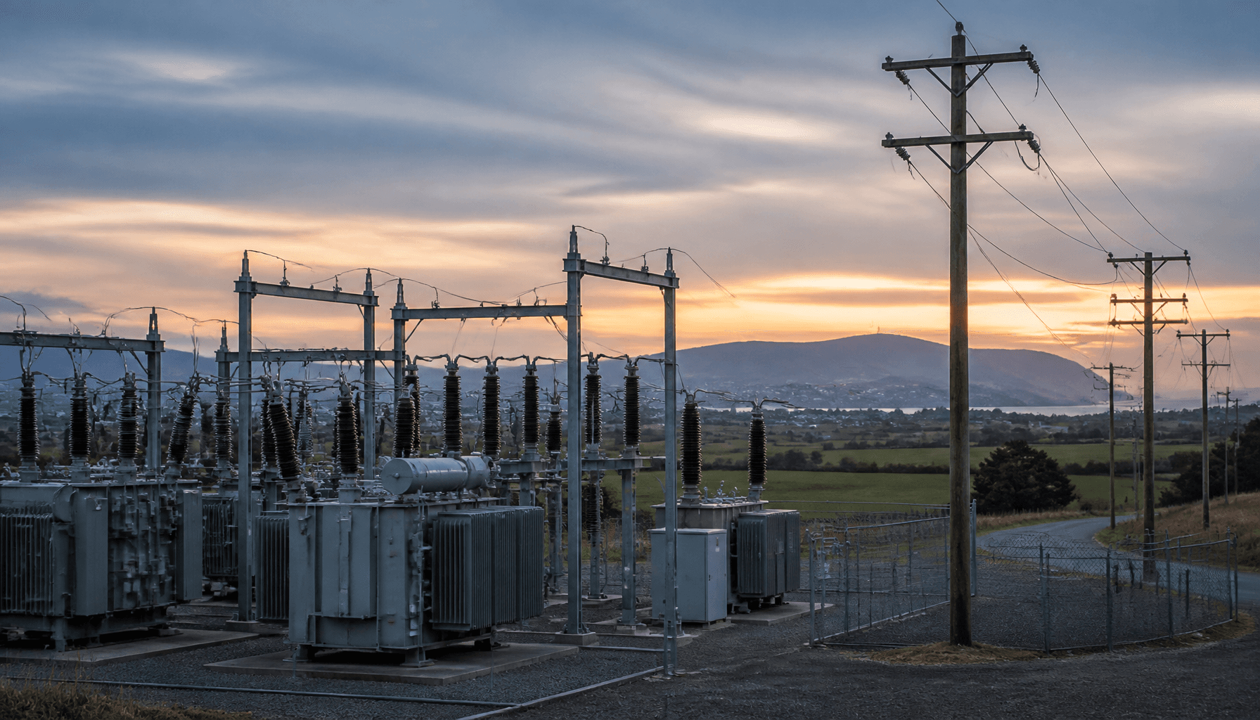 NZ electricity substation and distribution poles at dusk with farmland and hills beyond