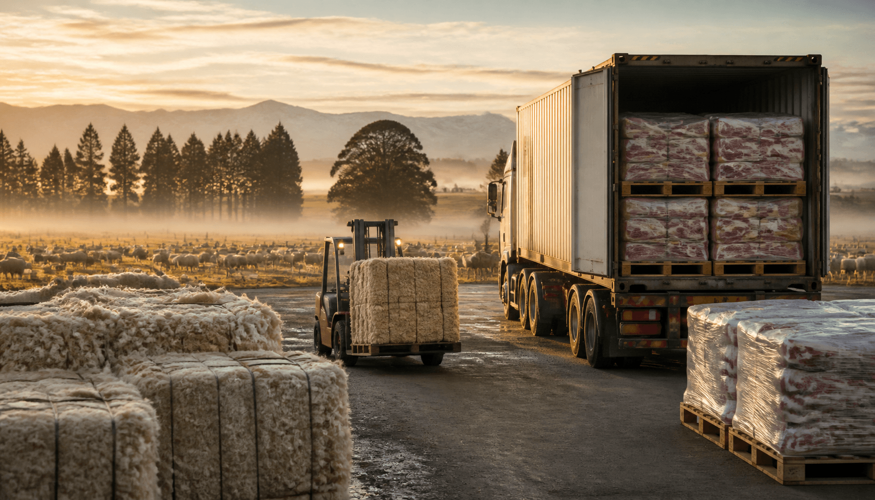 Wool bales and refrigerated export pallets loaded at a New Zealand rural freight yard at dawn
