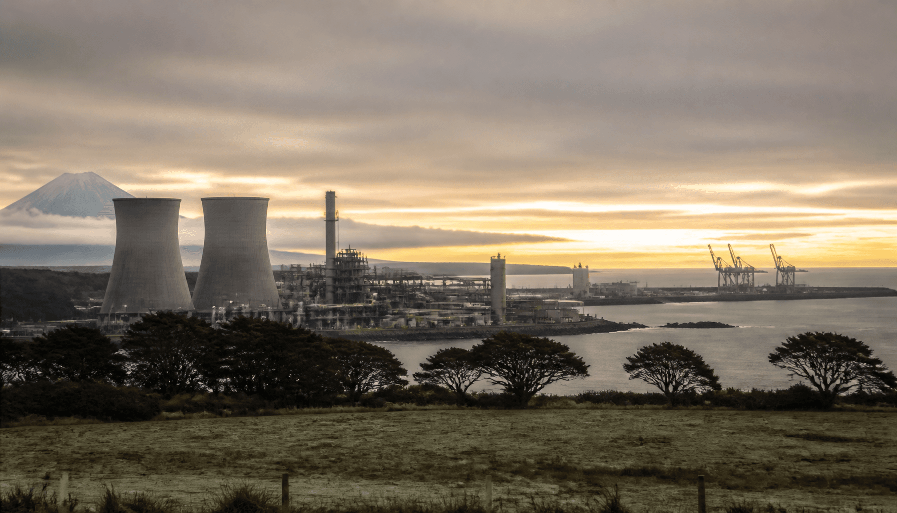 Idle Taranaki methanol plant and Port Taranaki cranes at dawn under overcast sky