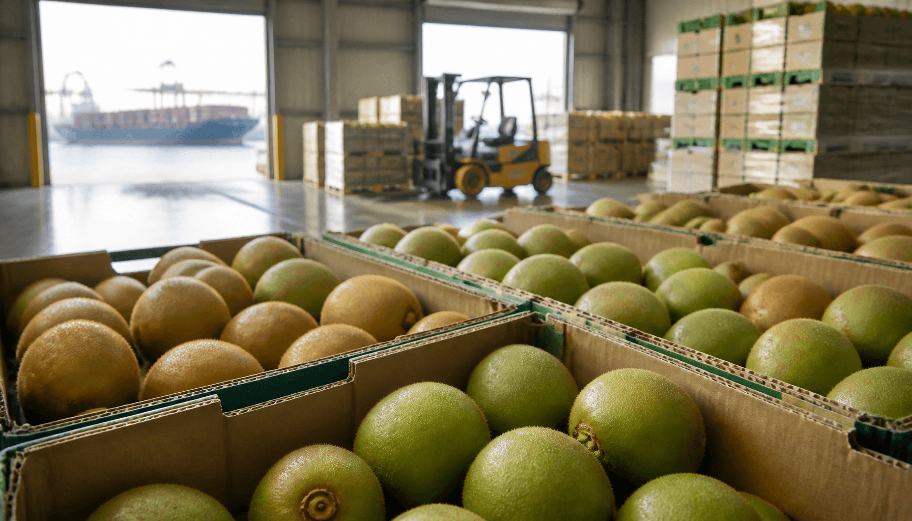 Export trays of New Zealand kiwifruit in a Bay of Plenty coolstore