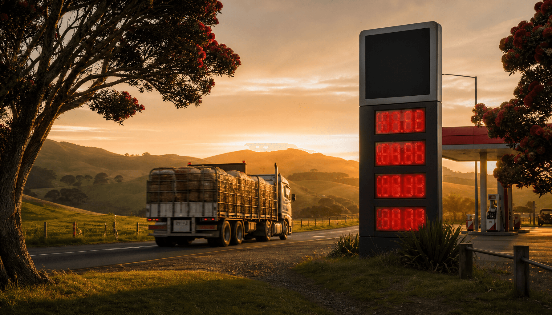 A heavy freight truck passes a fuel station on a New Zealand rural highway at dusk, with rolling green hills and pohutukawa trees in the background